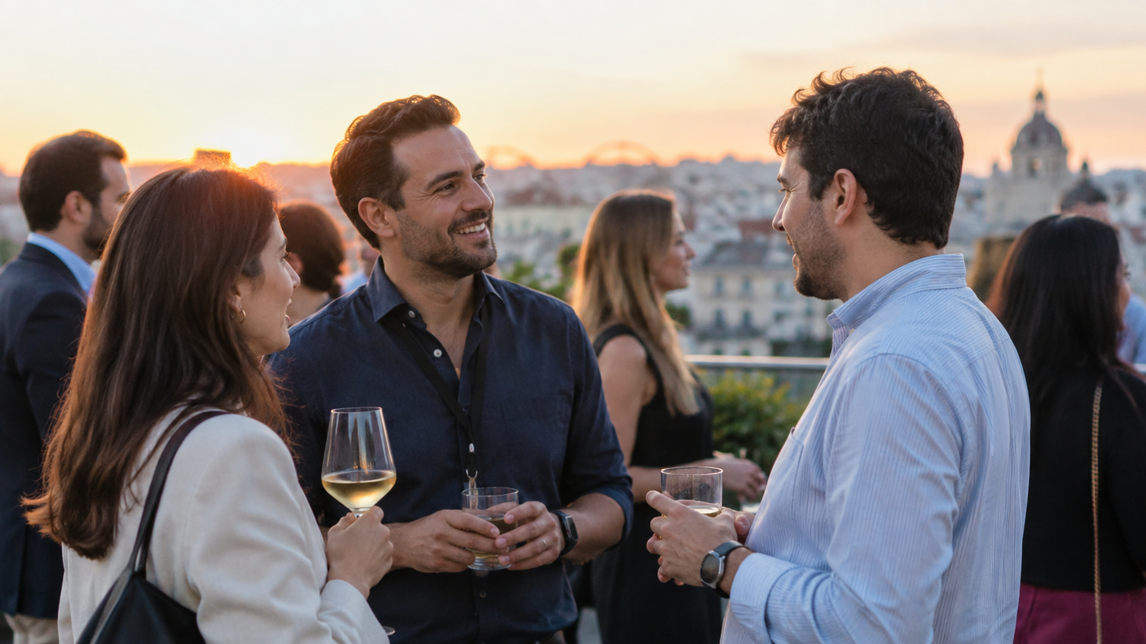 Profesionales del transporte y la logística conversando en el afterwork organizado por Dashdoc y Movertis en Madrid.