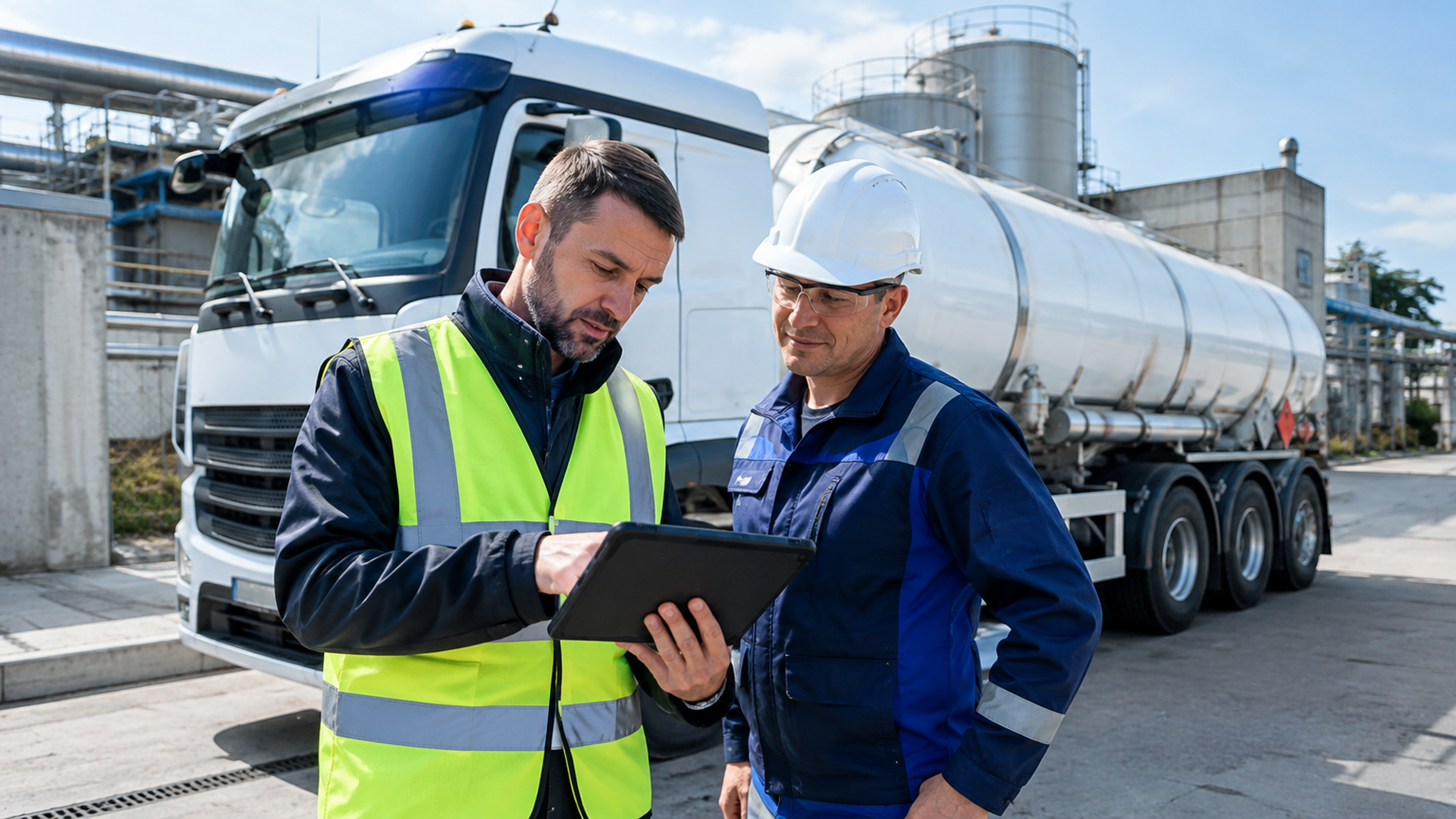Exploitant et transporteur vérifiant les documents numériques d'un transfert de déchets ADR sur tablette avant le départ.