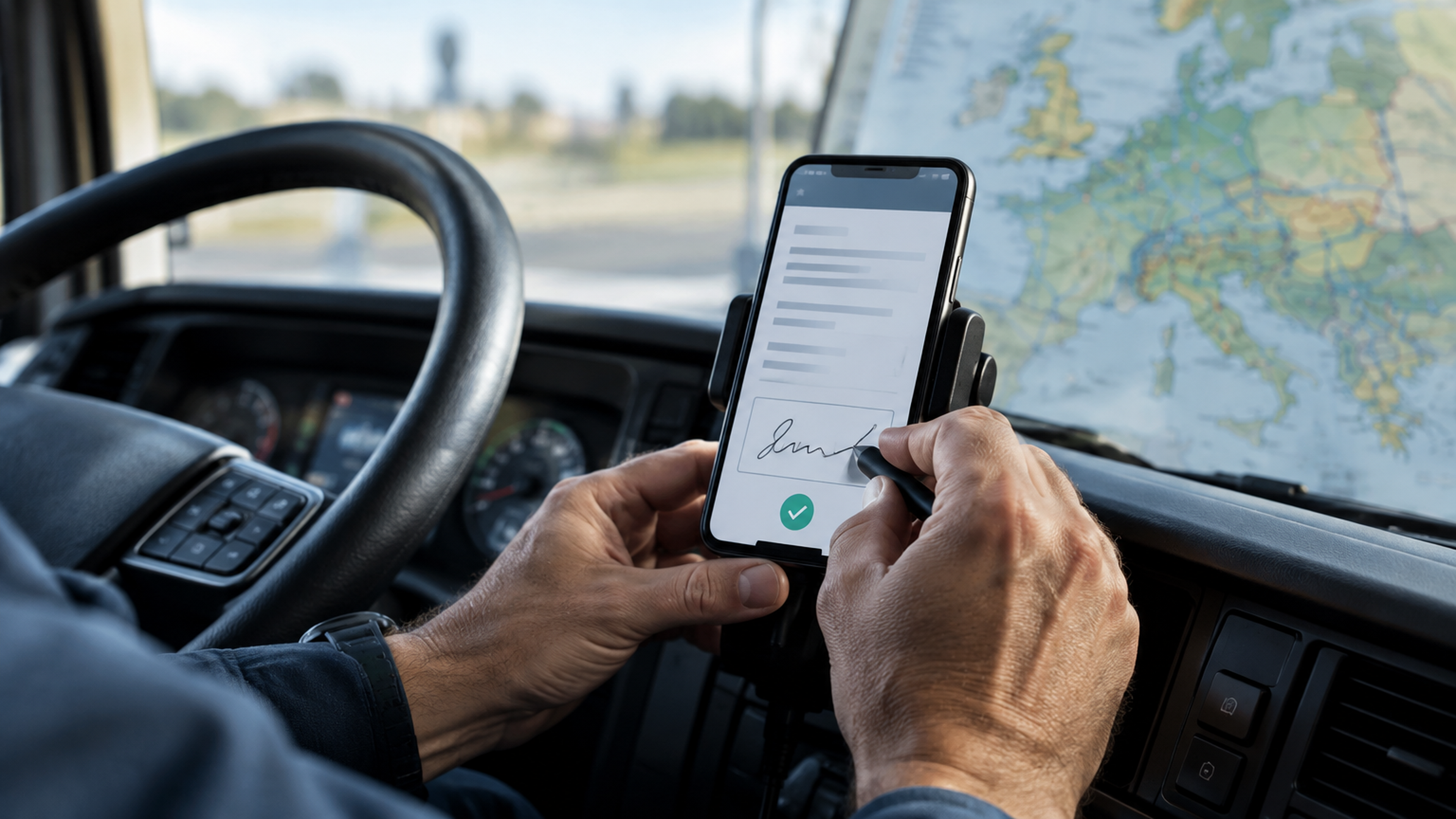 Conducteur routier signant une lettre de voiture électronique eCMR sur son smartphone pour un transport international.
