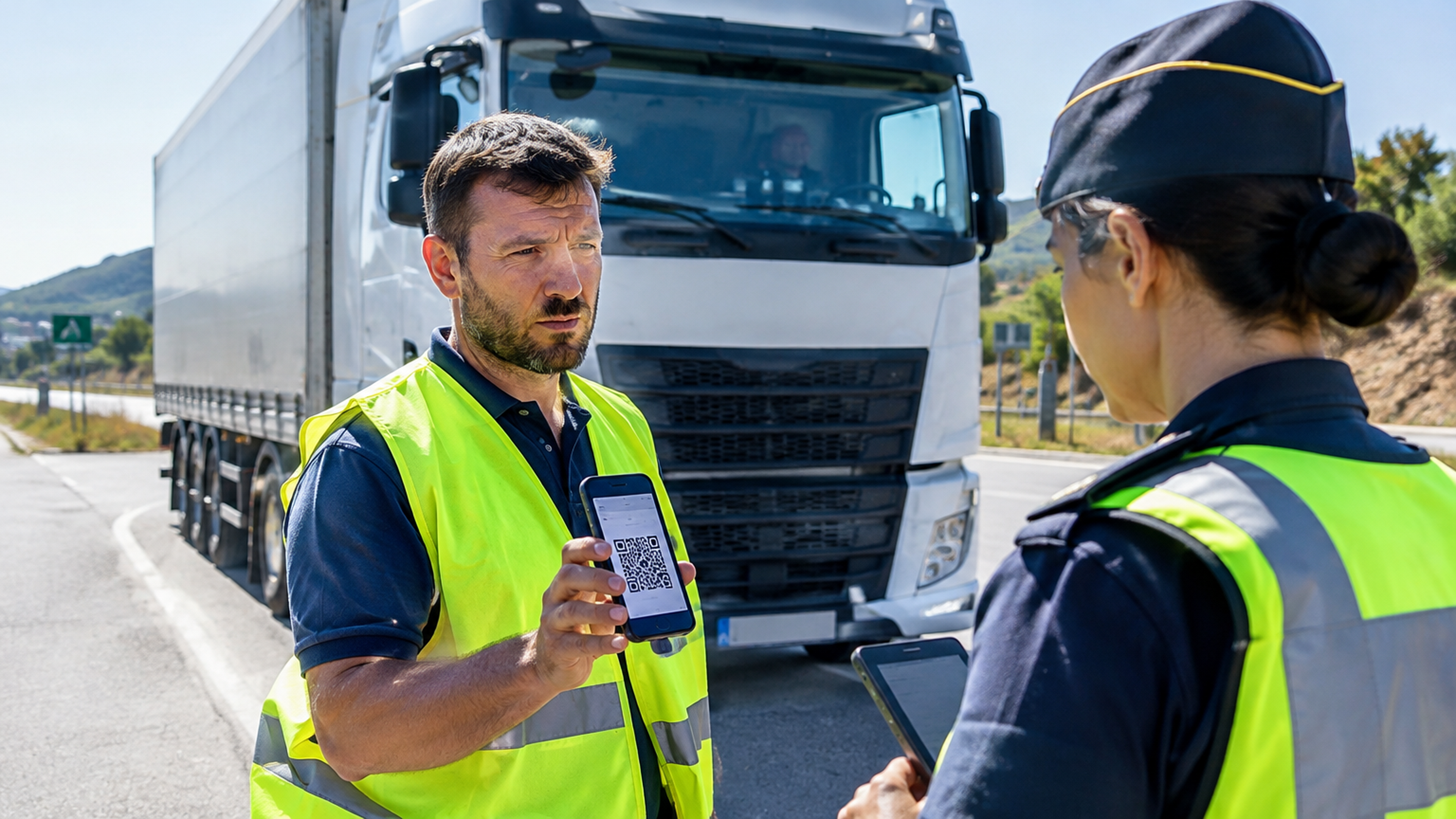 Chauffeur routier présentant le QR code de son DeCA sur smartphone lors d’un contrôle routier en Espagne