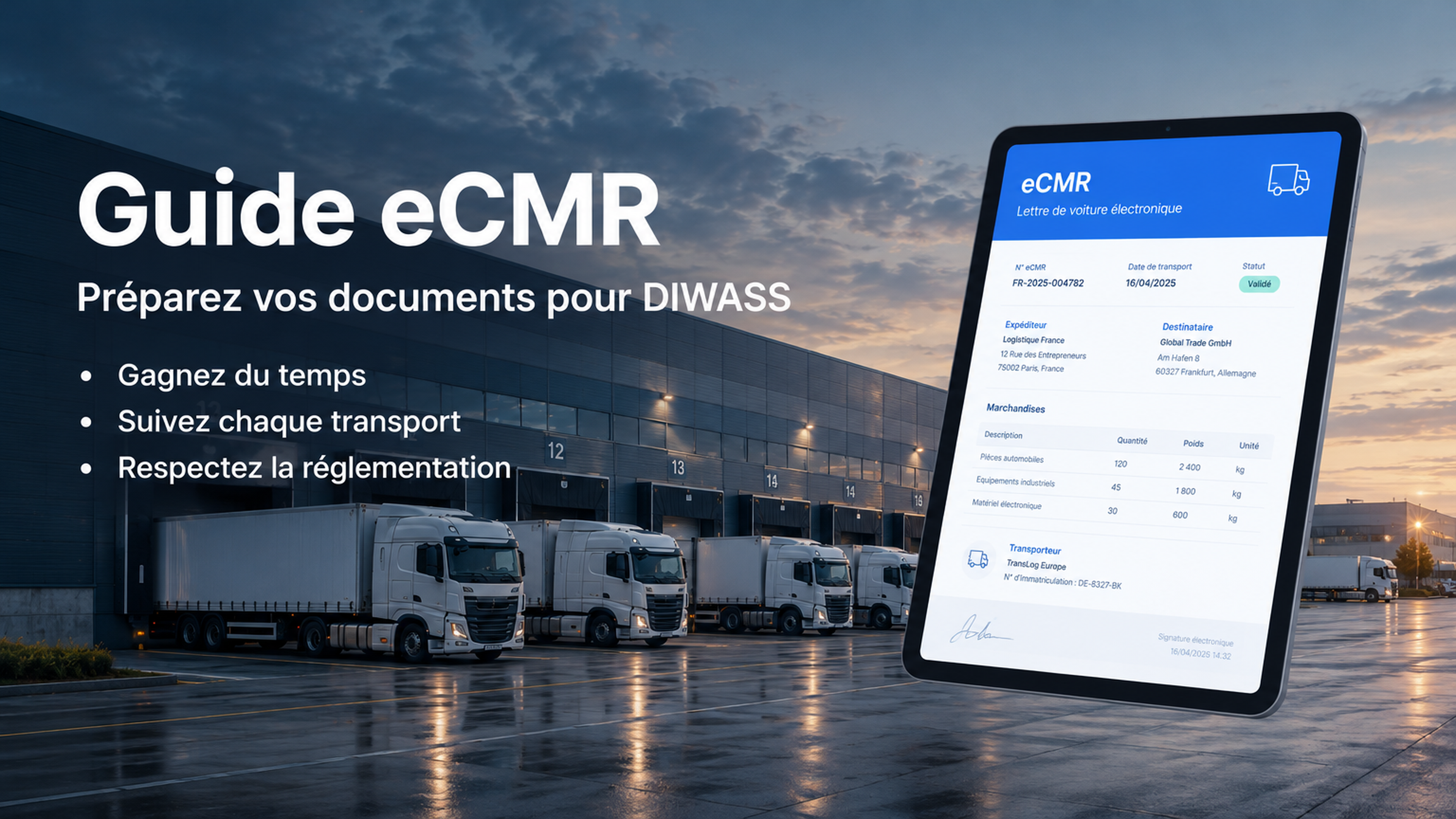 Bannière pour télécharger le guide de l'eCMR Dashdoc, étape indispensable pour préparer ses documents de transport à la plateforme DIWASS.