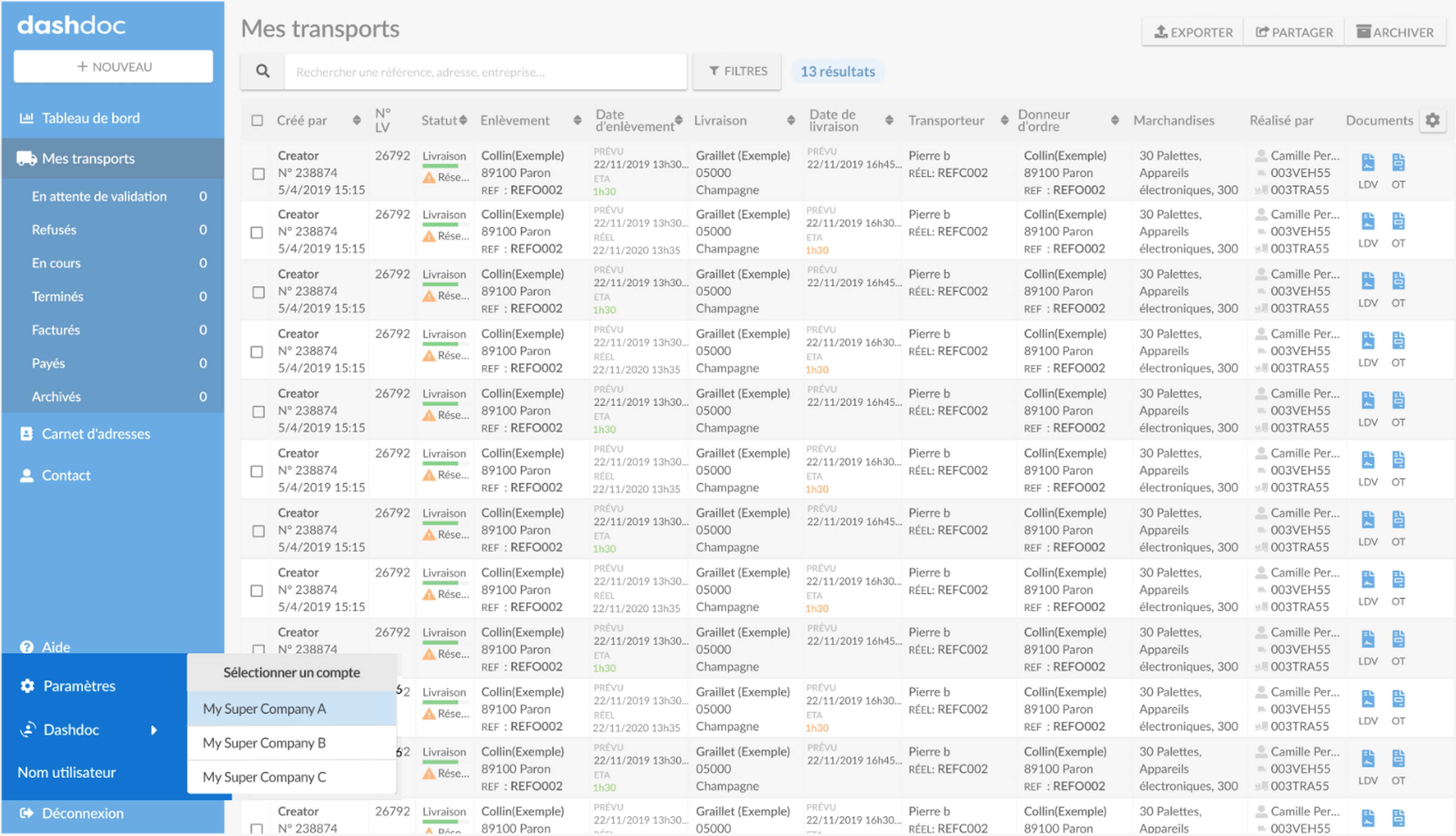 Capture d'écran du logiciel Dashdoc