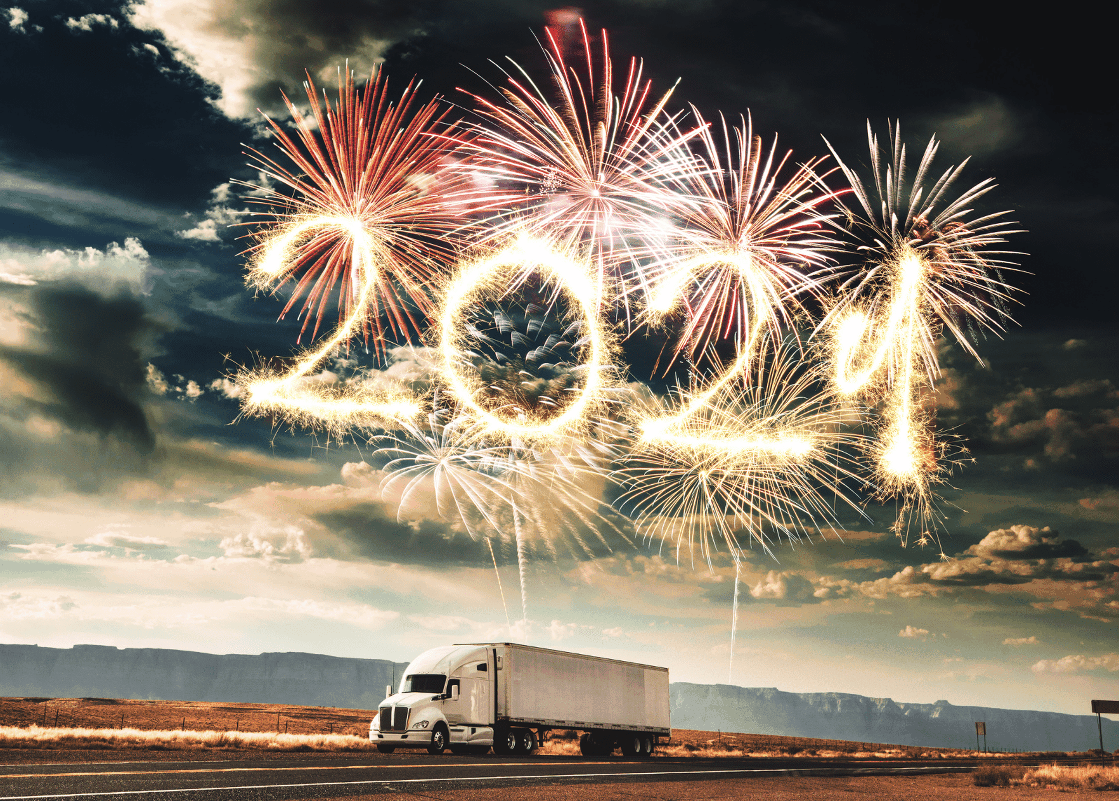 Feux d'artifice pour l'année 2021 au dessus d'un camion