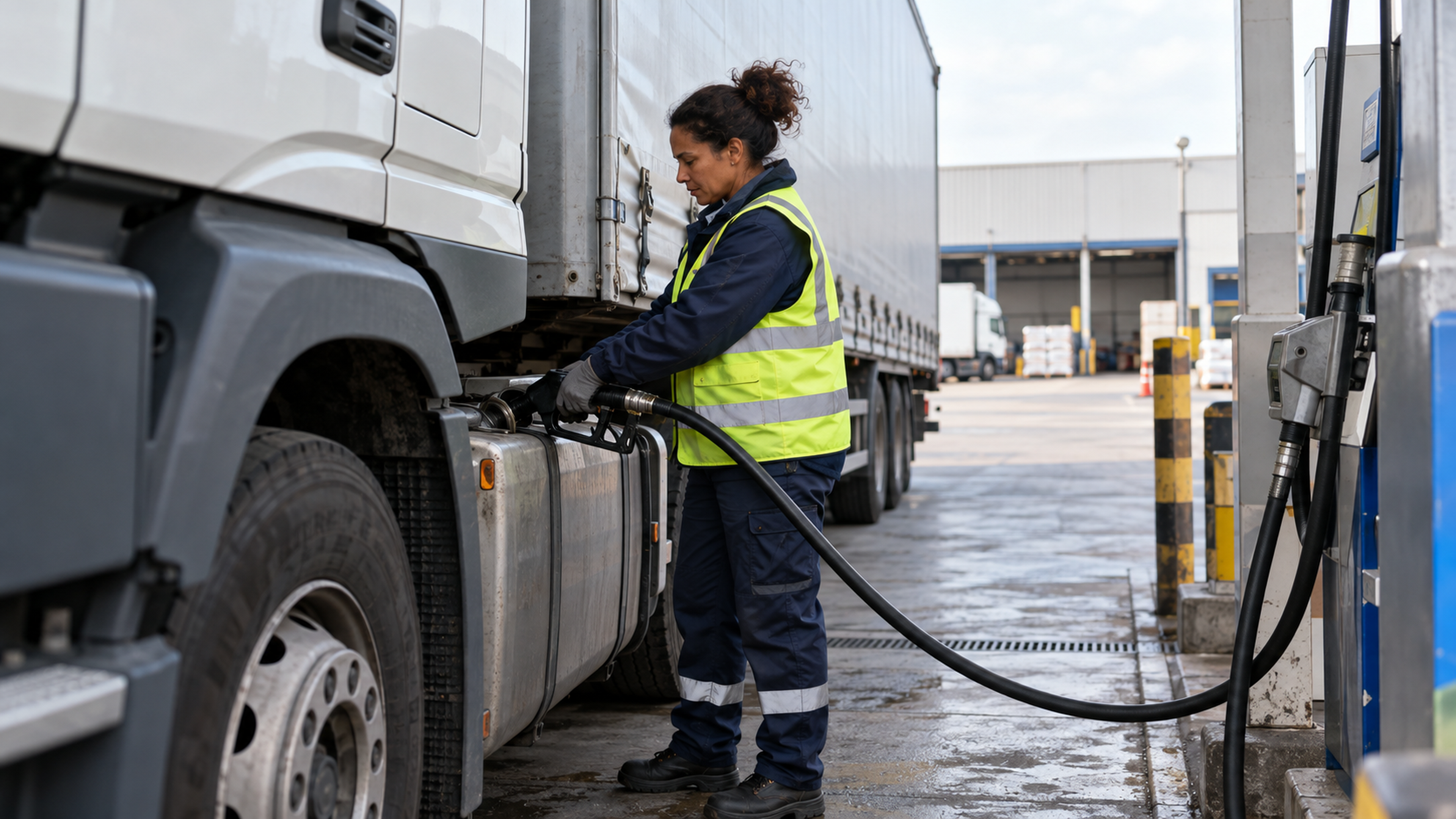 Conductrice qui fait le plein de gazole de son poids lourd à la pompe d'un site logistique