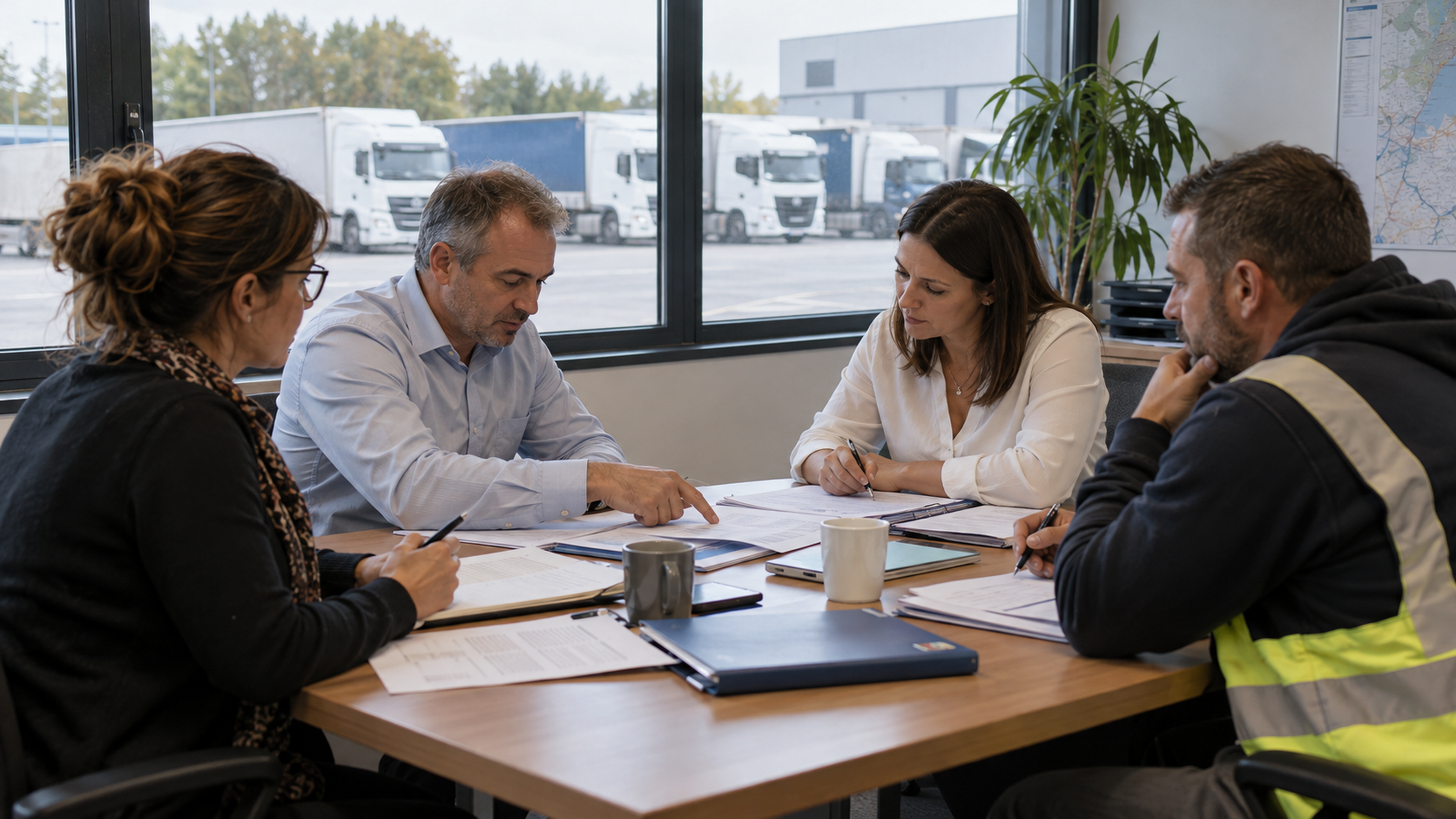 Réunion entre la direction et des représentants du personnel dans une entreprise de transport routier, avec des camions visibles par la fenêtre.