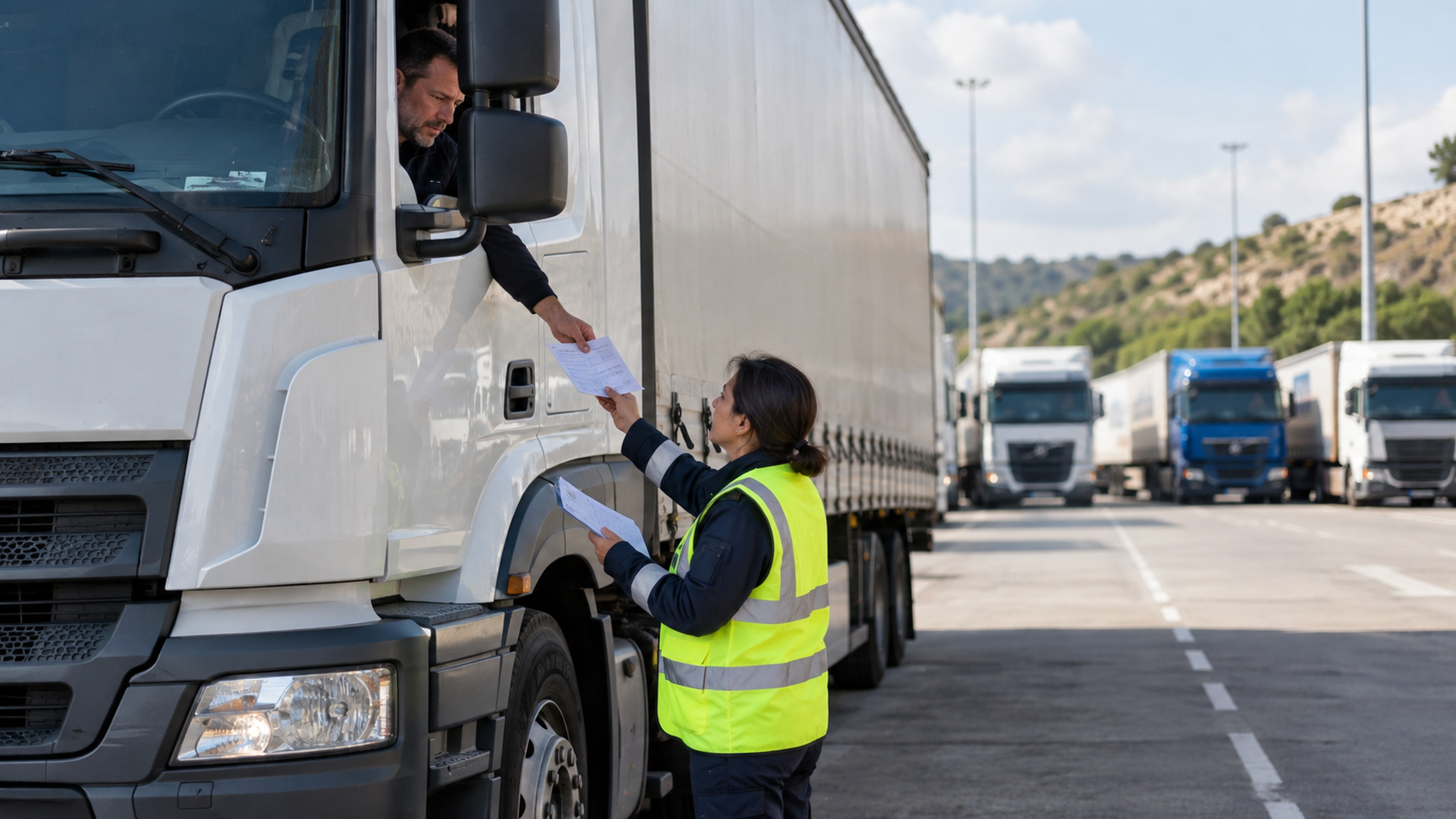 Agente con chaleco reflectante revisando los documentos que un conductor le entrega desde la ventanilla de su camión estacionado.