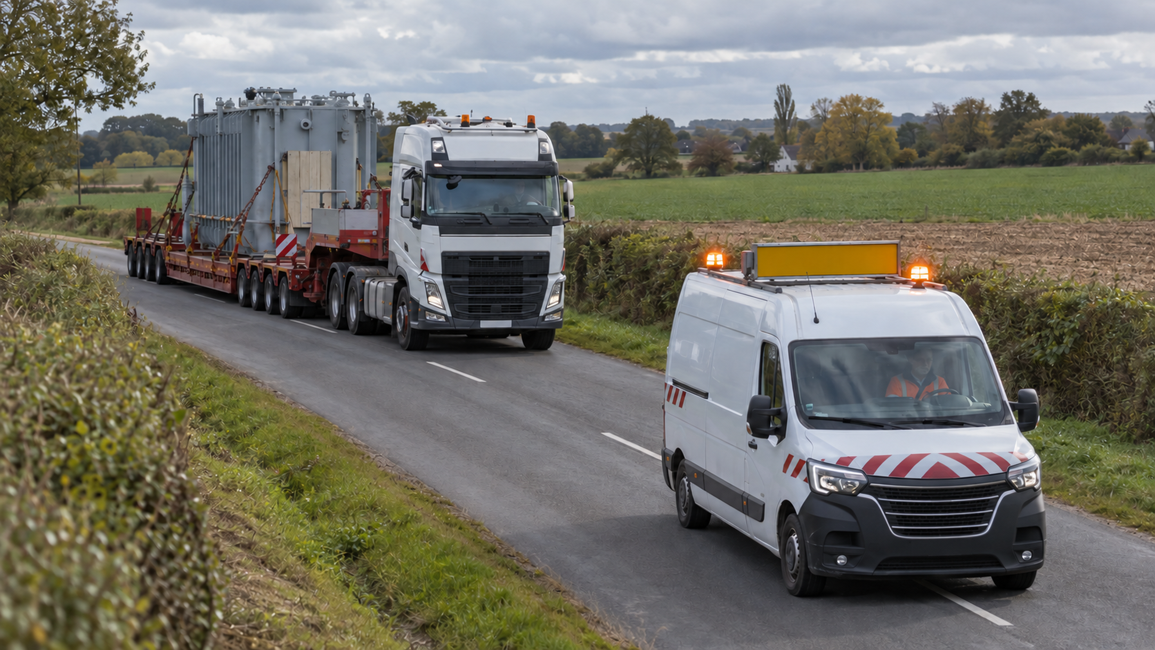 Convoi exceptionnel transportant un transformateur électrique sur une remorque surbaissée, précédé d’un véhicule de guidage.