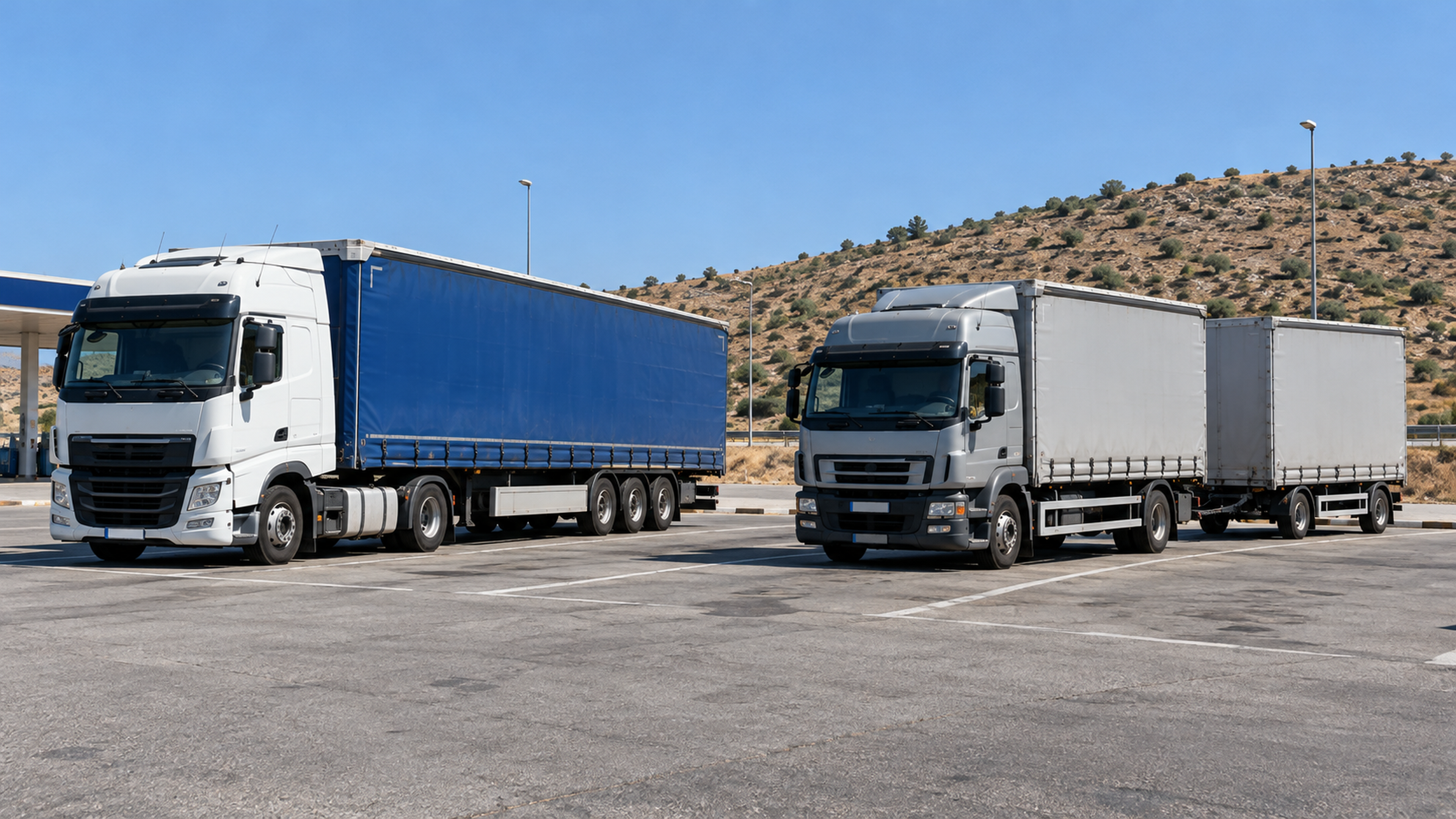 Tractora con semirremolque y camión rígido con remolque estacionados en un área de servicio española, con sus acoplamientos visibles.