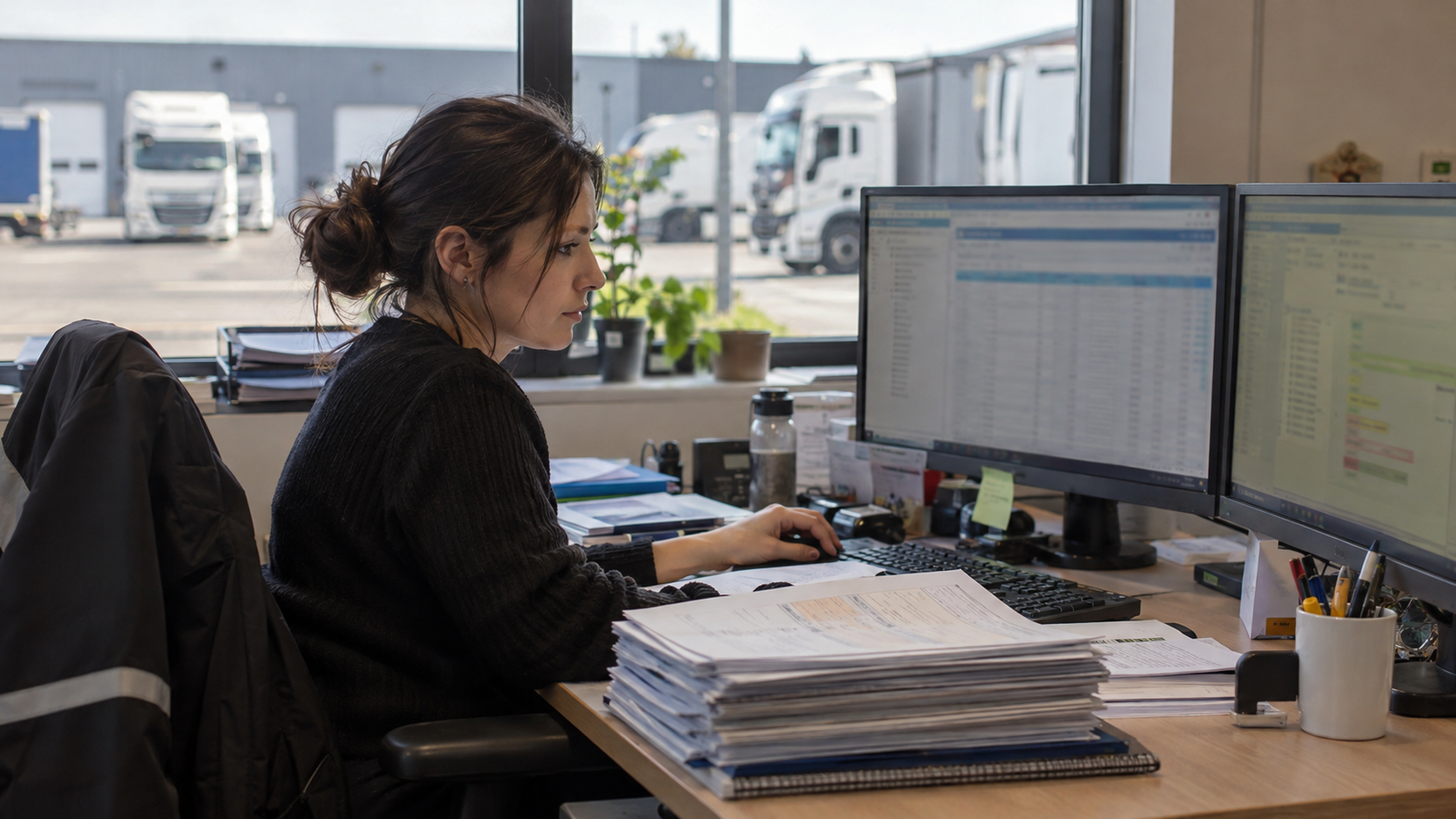 Comptable d’une entreprise de transport travaillant sur deux écrans de facturation, avec des documents papier sur son bureau.