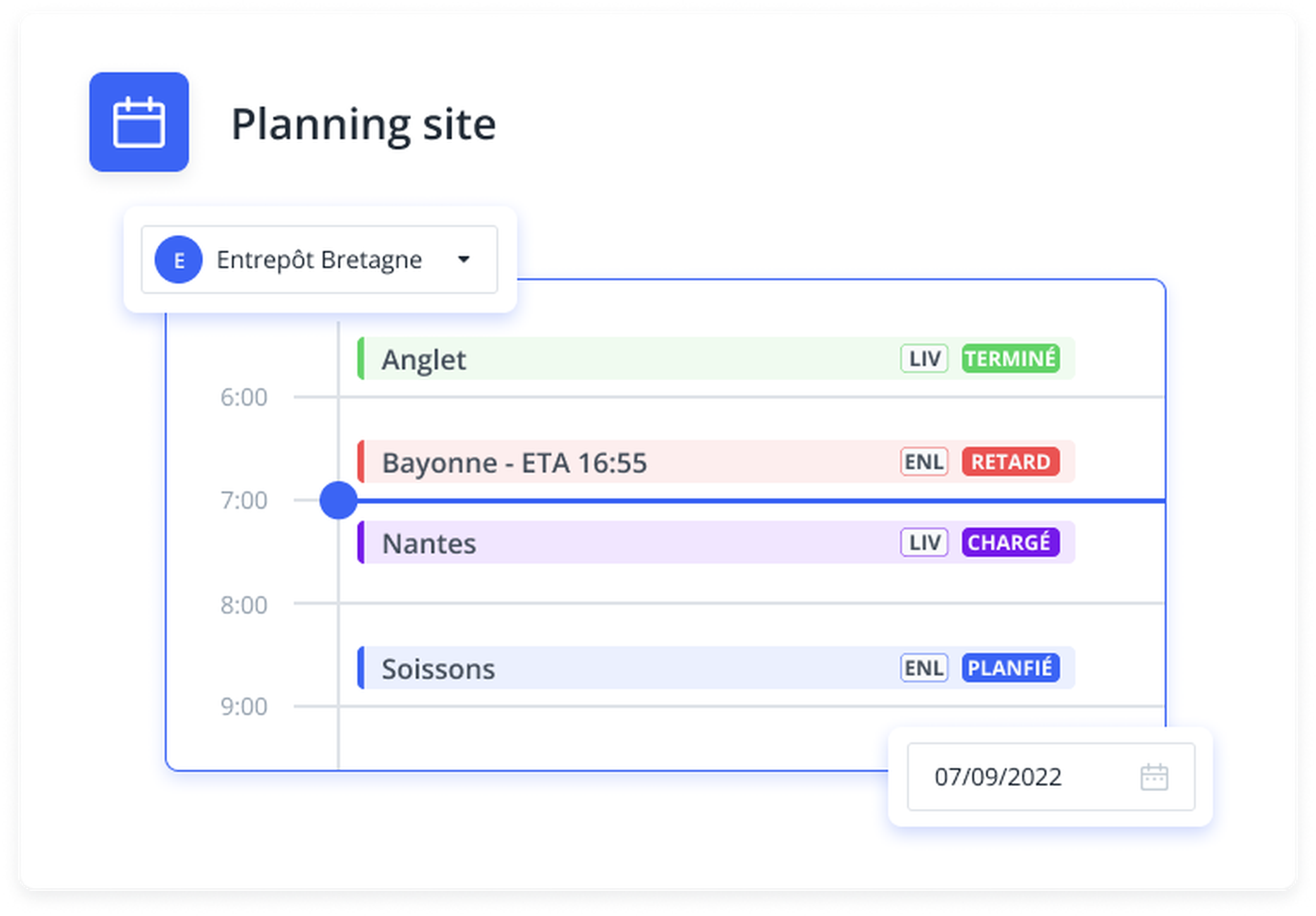 Capture d'écran du planning vue par site sur Dashdoc