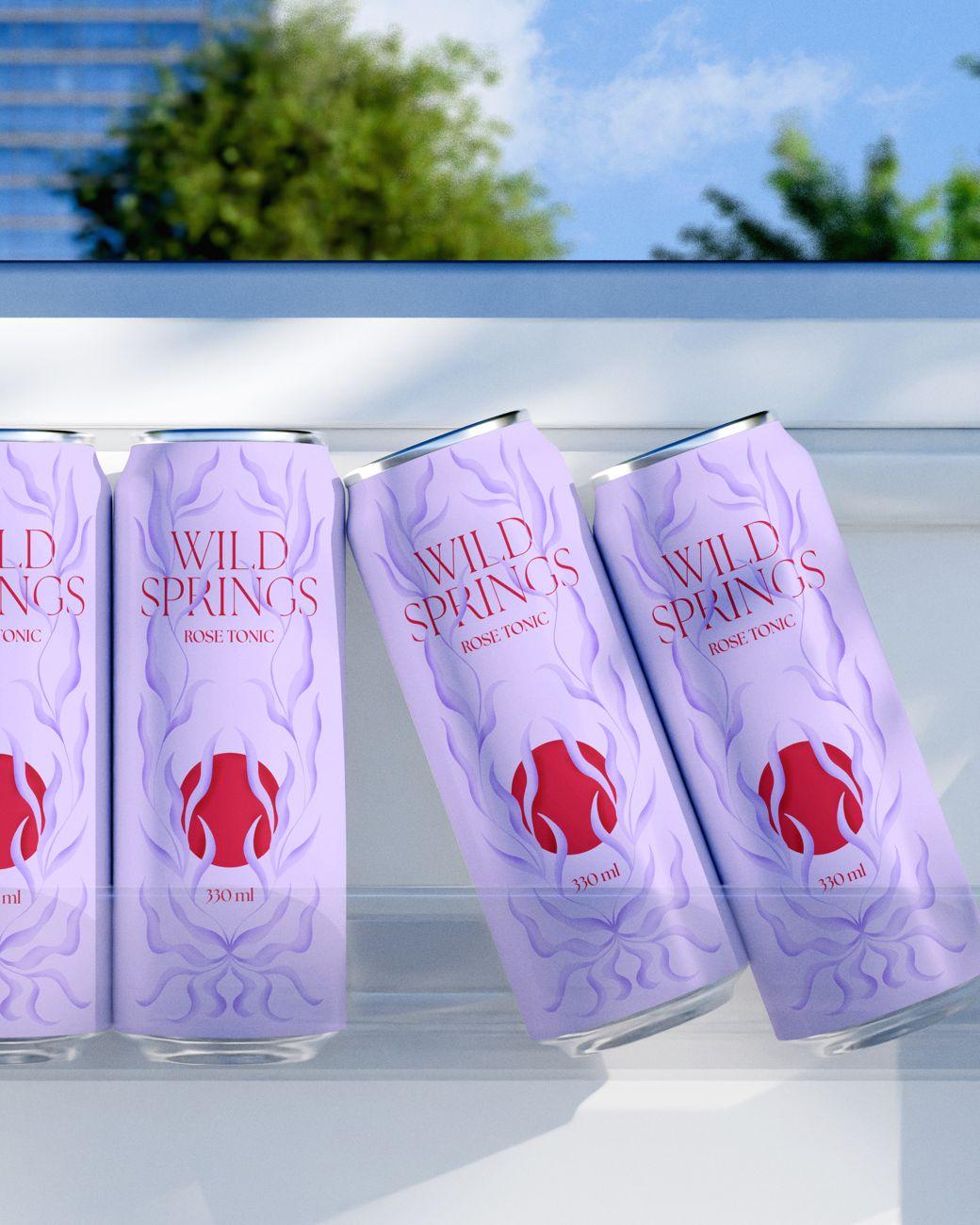 Wild Springs Rose Tonic Dosen mit illustriertem Design im Kühlschrank