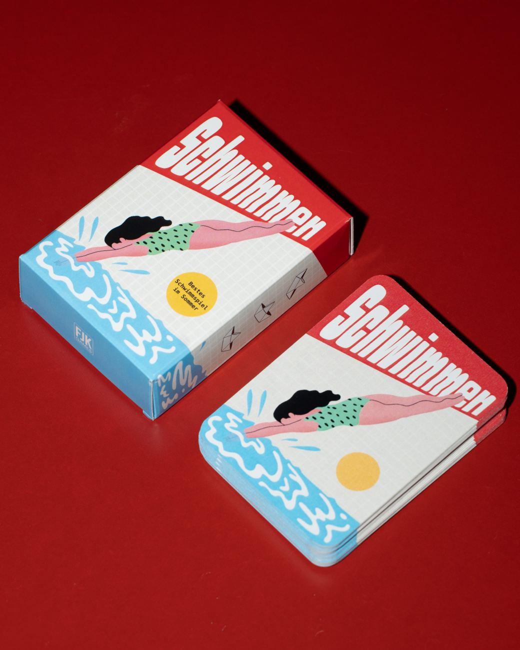 Schwimmen Kartenspiel, Schachtel und Karten