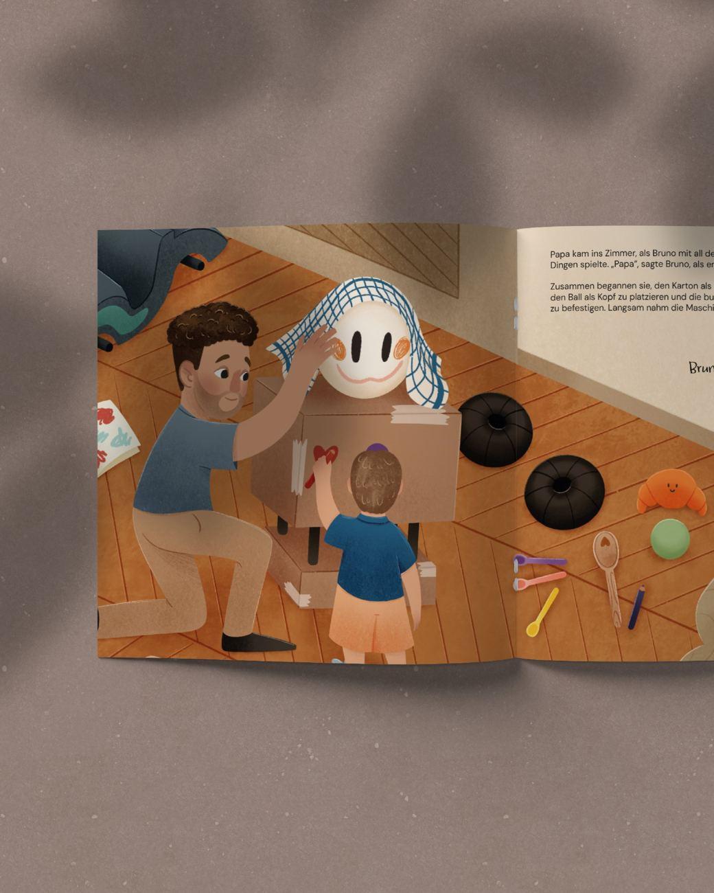 Aufgeschlagenes Kinderbuch mit Illustration von Vater und Kind