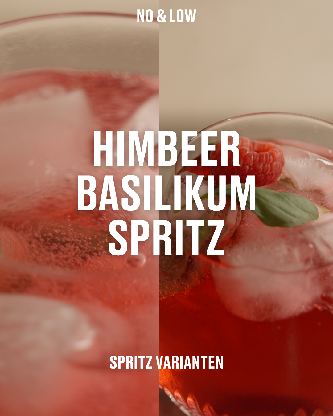 Cocktailmotiv mit Schriftzug „Himbeer Basilikum Spritz“