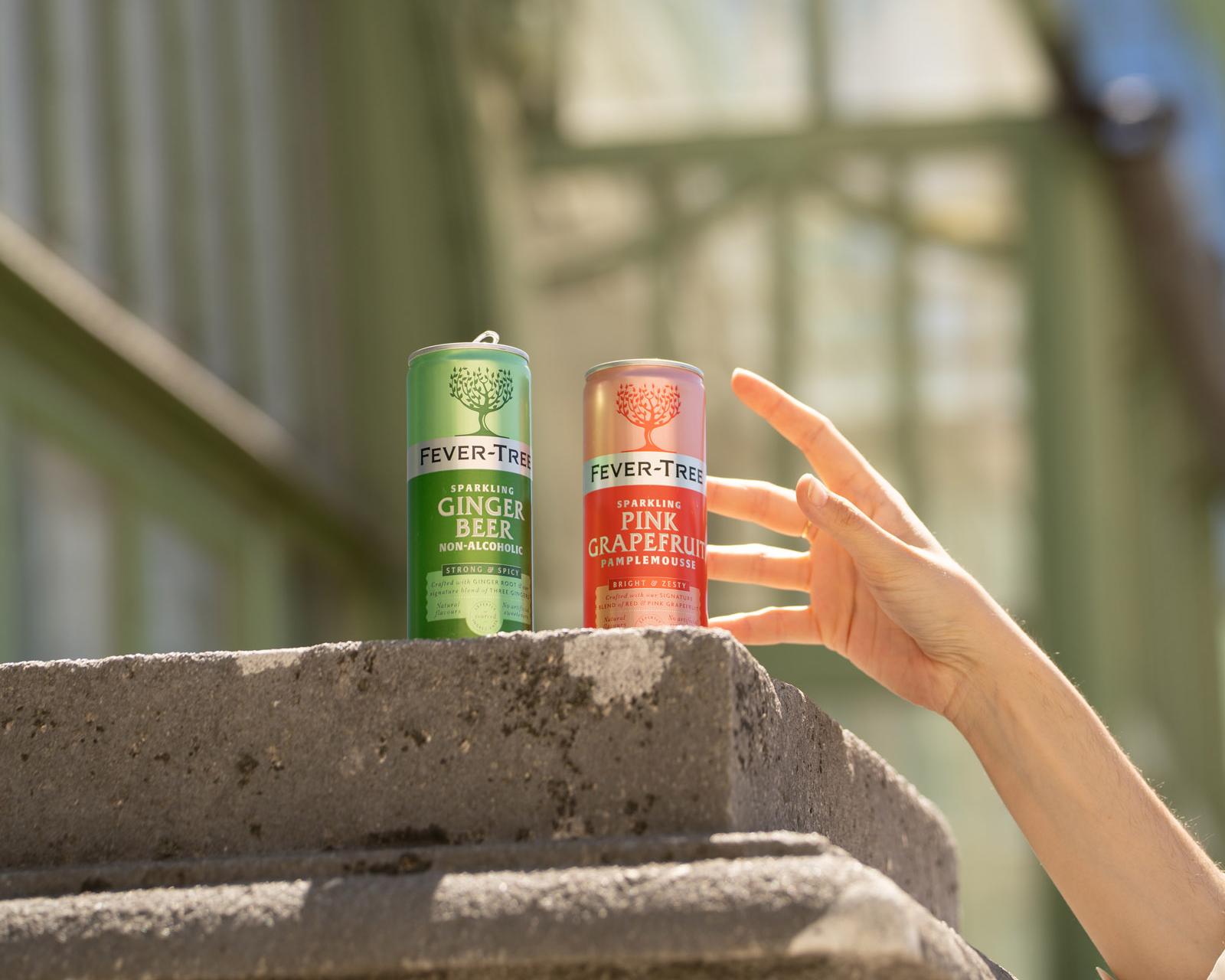 Hand greift nach zwei Fever-Tree-Dosen auf einer Mauer