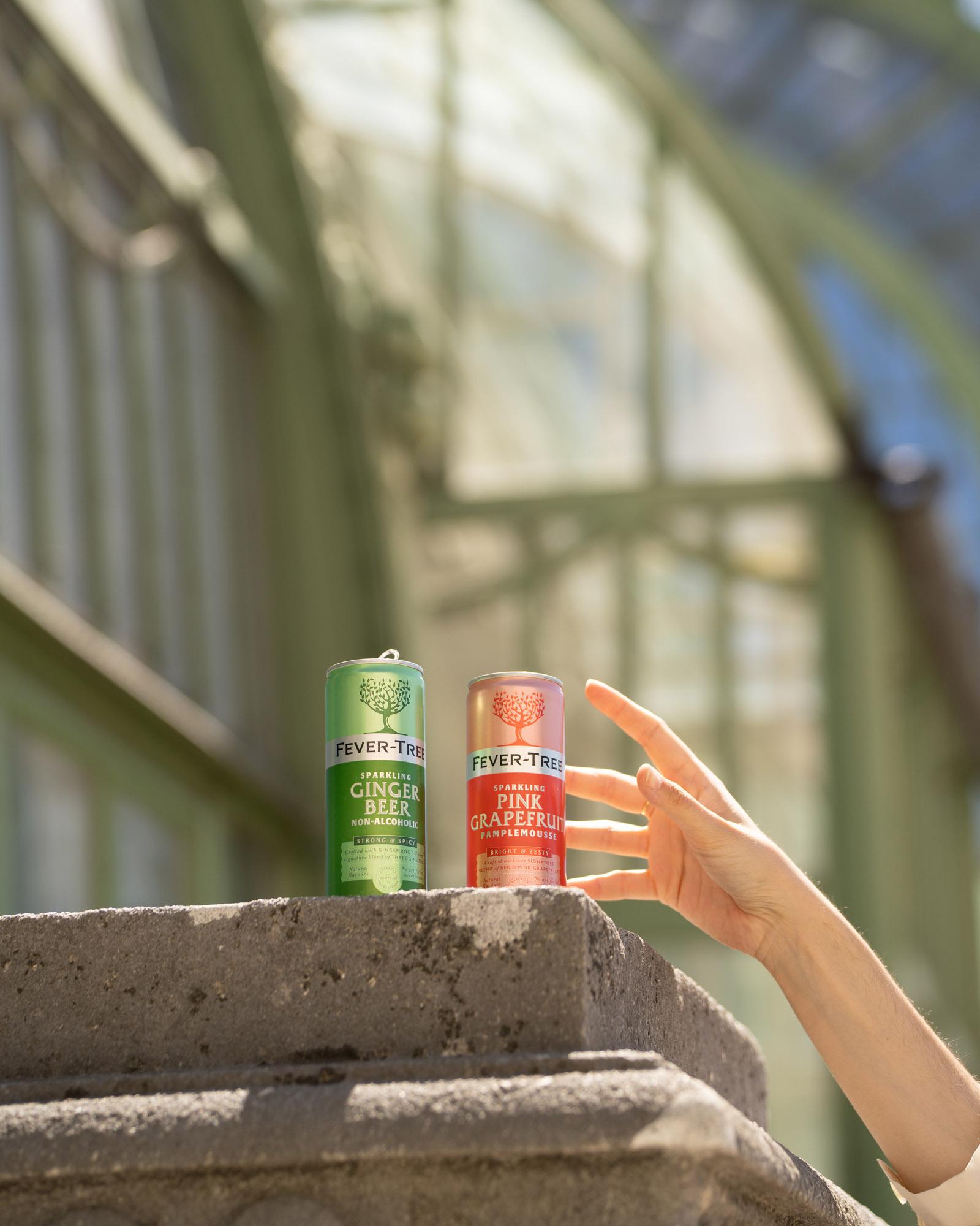 Hand greift nach zwei Fever-Tree-Dosen auf einer Mauer