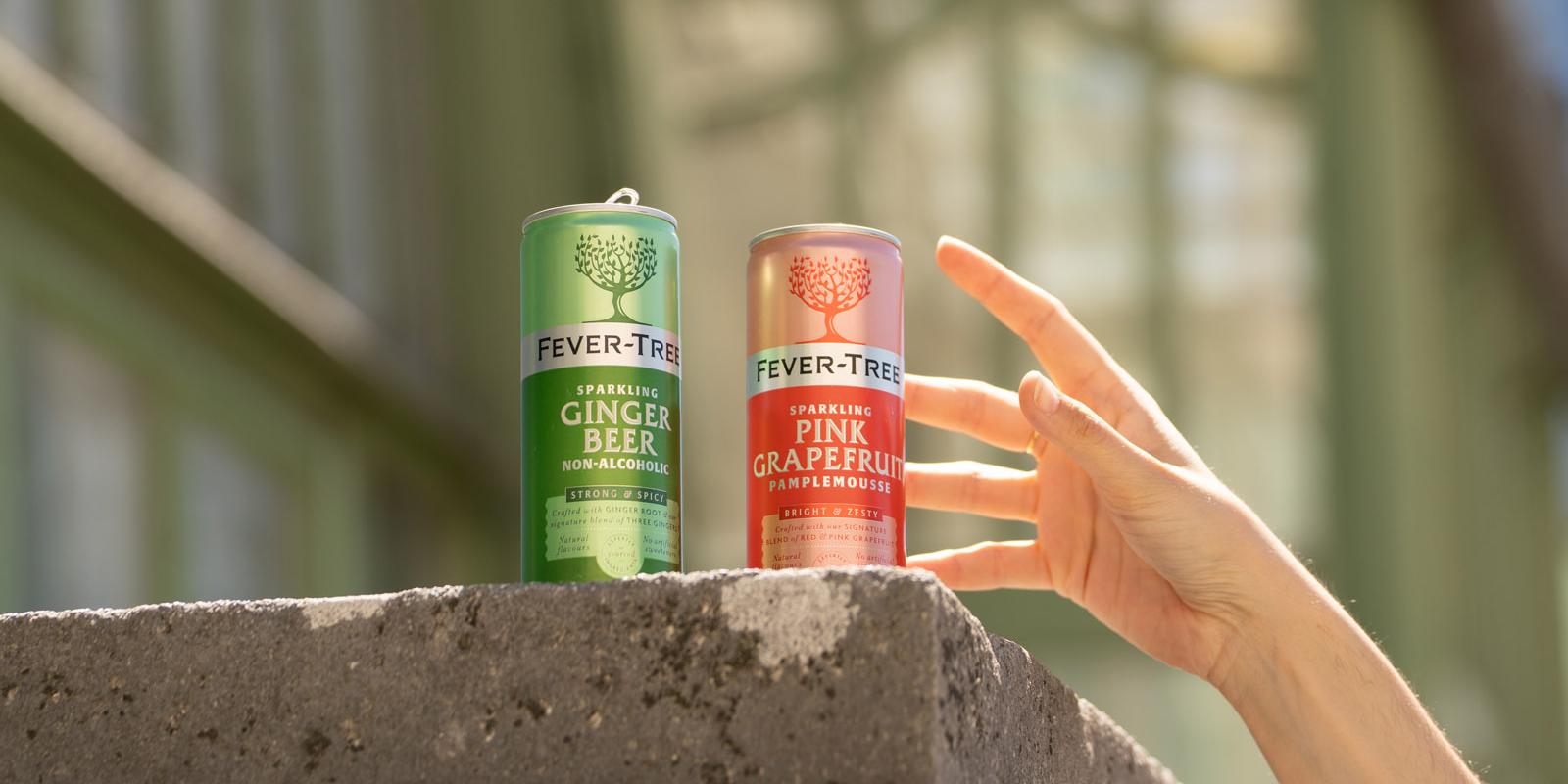 Hand greift nach zwei Fever-Tree-Dosen auf einer Mauer