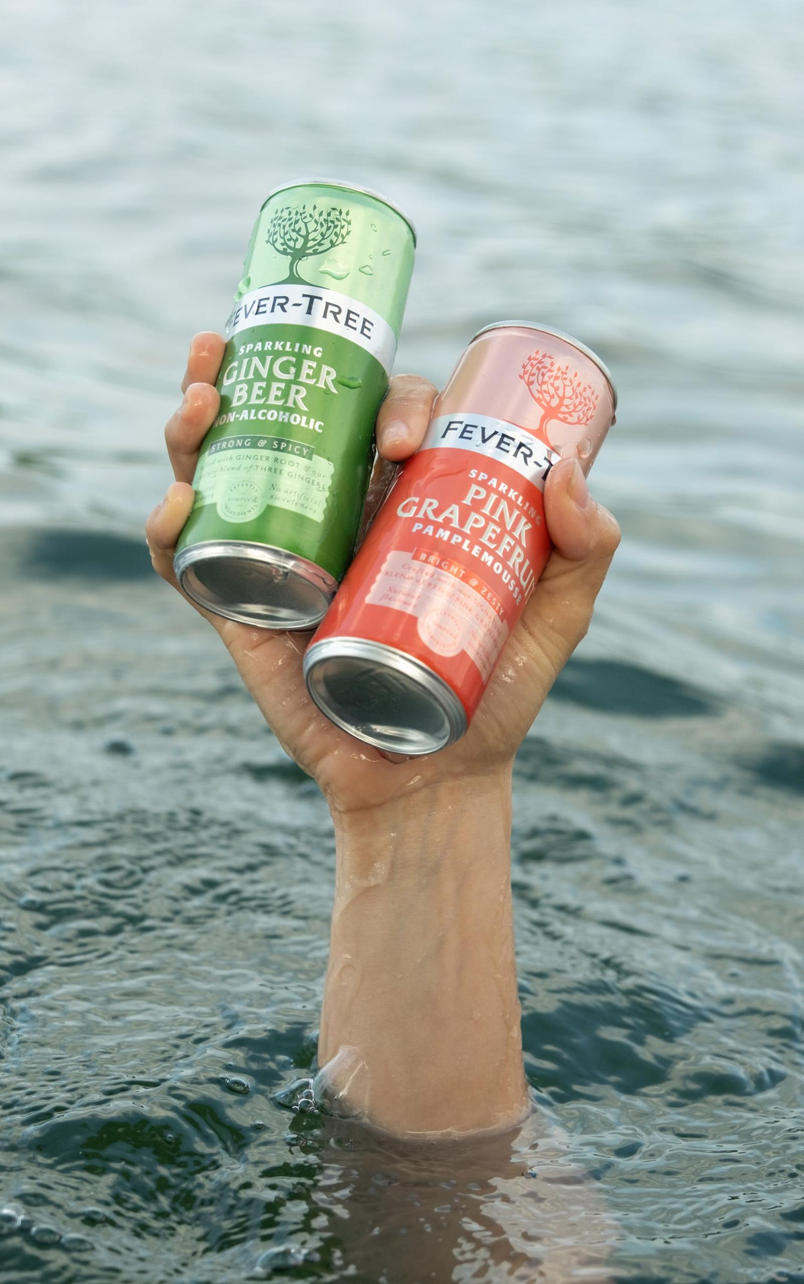 Hand hält zwei Fever-Tree-Dosen vor Wasser