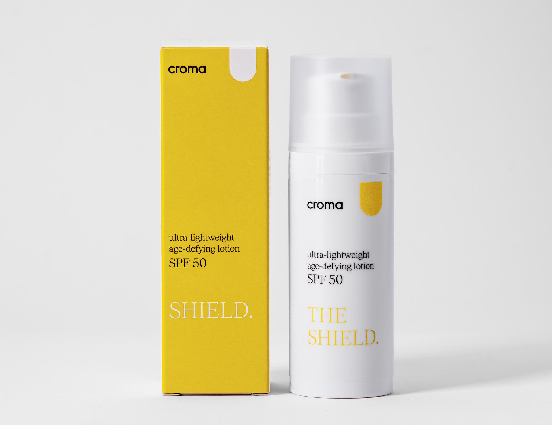 Croma Shield Sonnenpflege LSF 50 mit Verpackung vor hellem Grund