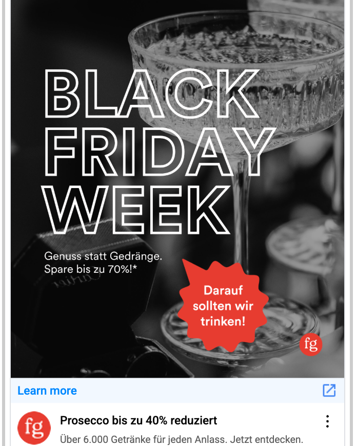 Werbemotiv „Black Friday Week – Genuss statt Gedränge“ mit Cocktailglas