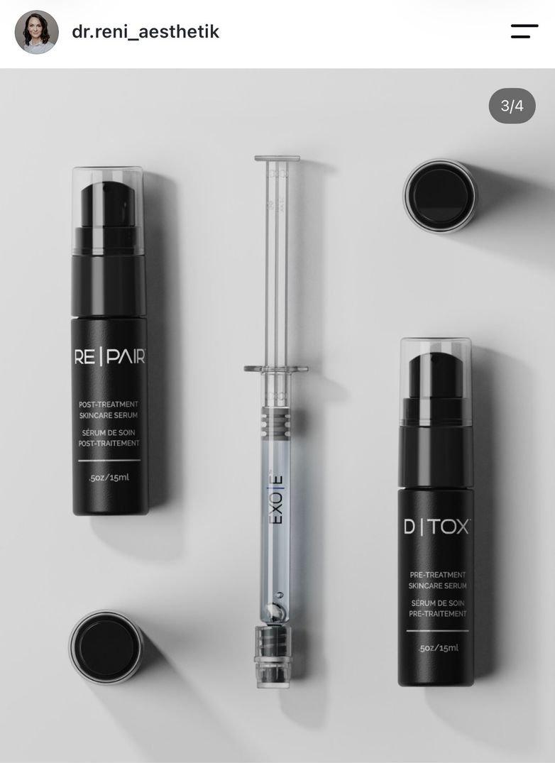 Instagram-Post für Dr. Reni: Pflegeprodukte RE|PAIR und D|TOX mit EXO|E-Spritze