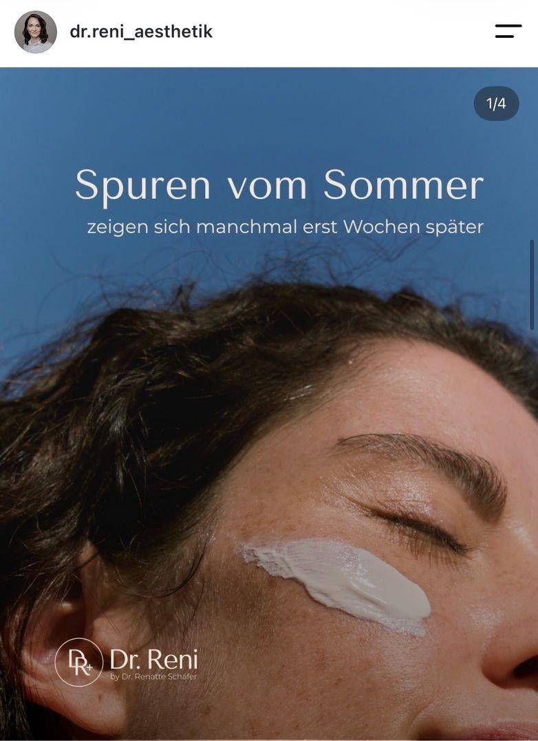 Instagram-Post für Dr. Reni: Gesicht mit Creme-Streifen auf der Wange, Titel „Spuren vom Sommer“