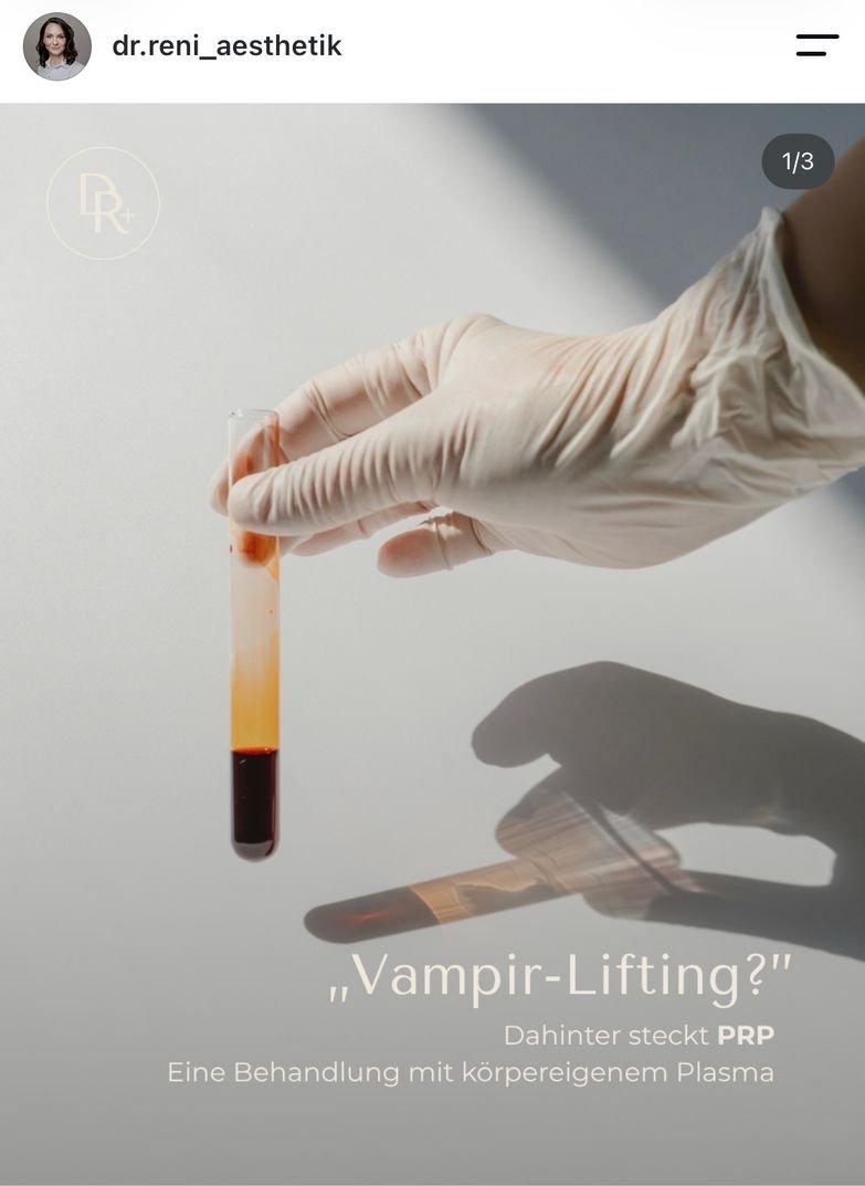 Instagram-Post für Dr. Reni: Hand im Handschuh mit PRP-Röhrchen, „Vampir-Lifting?“
