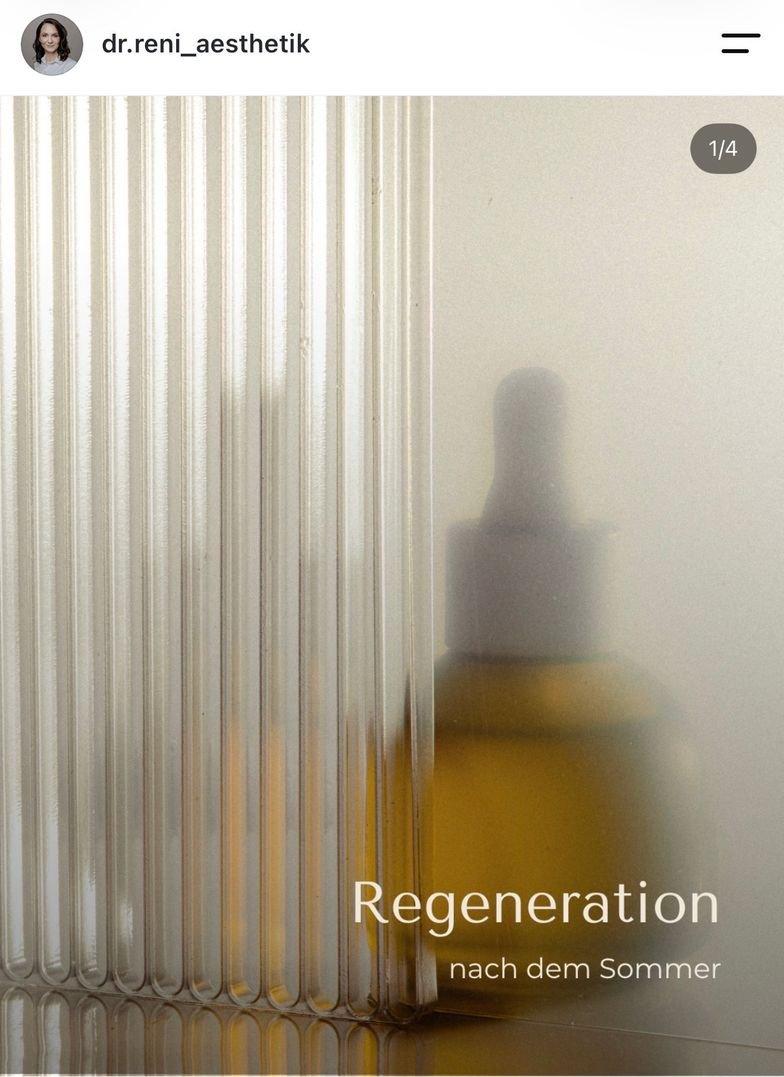 Instagram-Post für Dr. Reni: Glasflasche hinter Riffelglas, „Regeneration nach dem Sommer“
