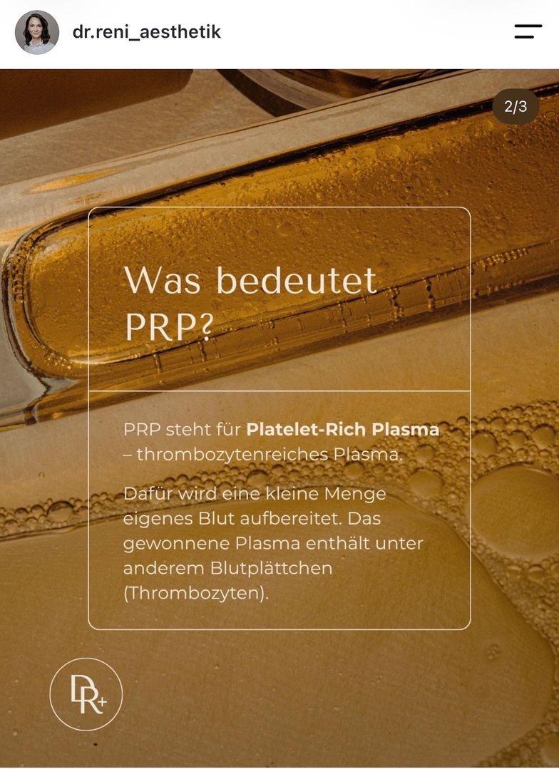 Instagram-Post für Dr. Reni: Goldene Textur mit Erklärung „Was bedeutet PRP?“