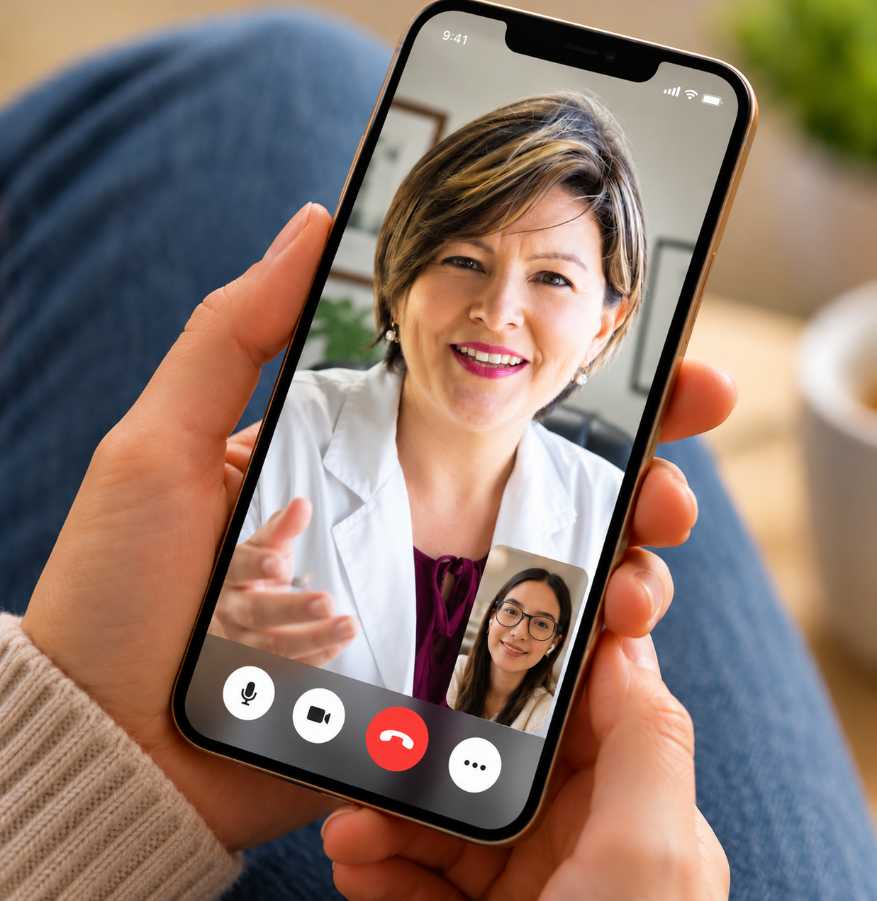 A person holds a smartphone displaying a video call with a doctor wearing a white coat.