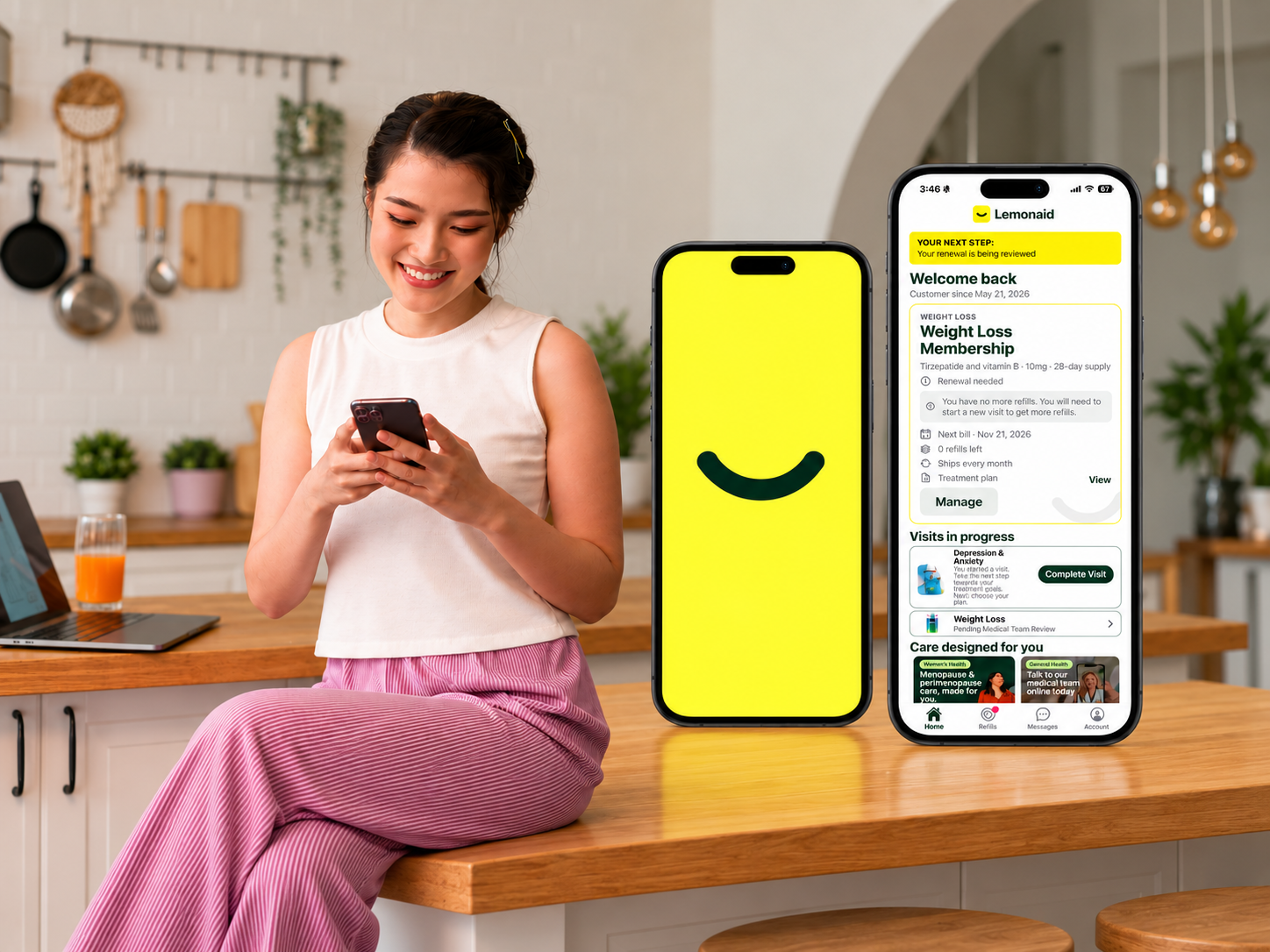 Two phones showing the Lemonaid app treatment dashboard