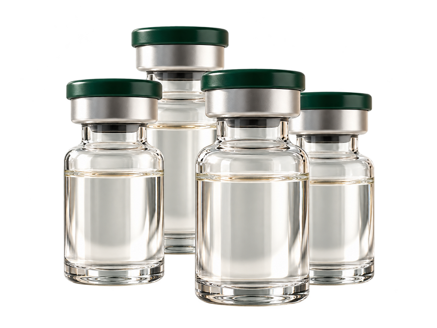 Illustration of a sealed clear glass vial with a dark green label beside a cream envelope sealed with a green dot