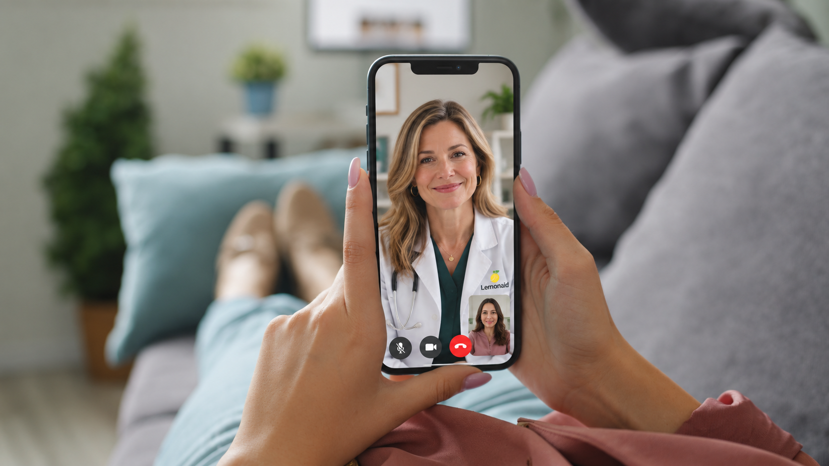 A woman at home talking with a clinician on a video call on her phone.