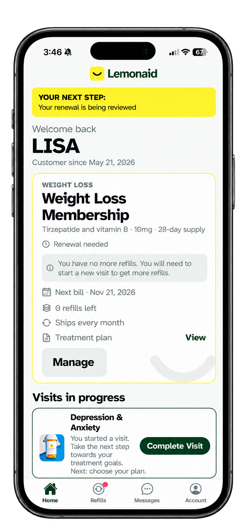 Refill request screen in the Lemonaid app