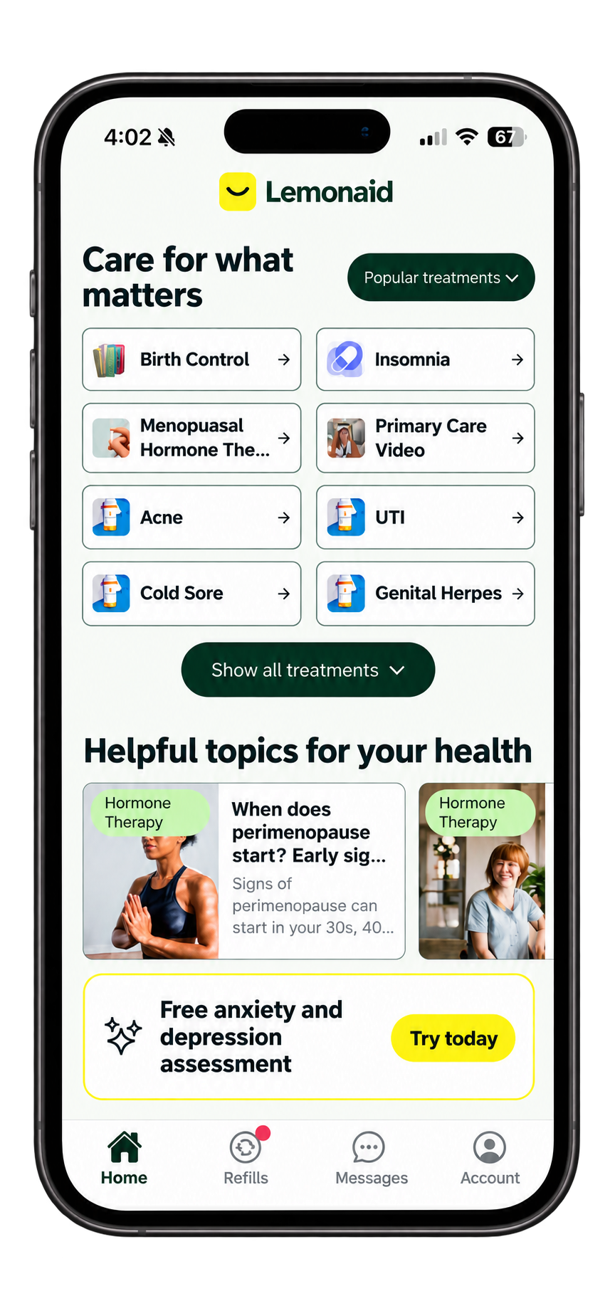 Explore more care screen in the Lemonaid app