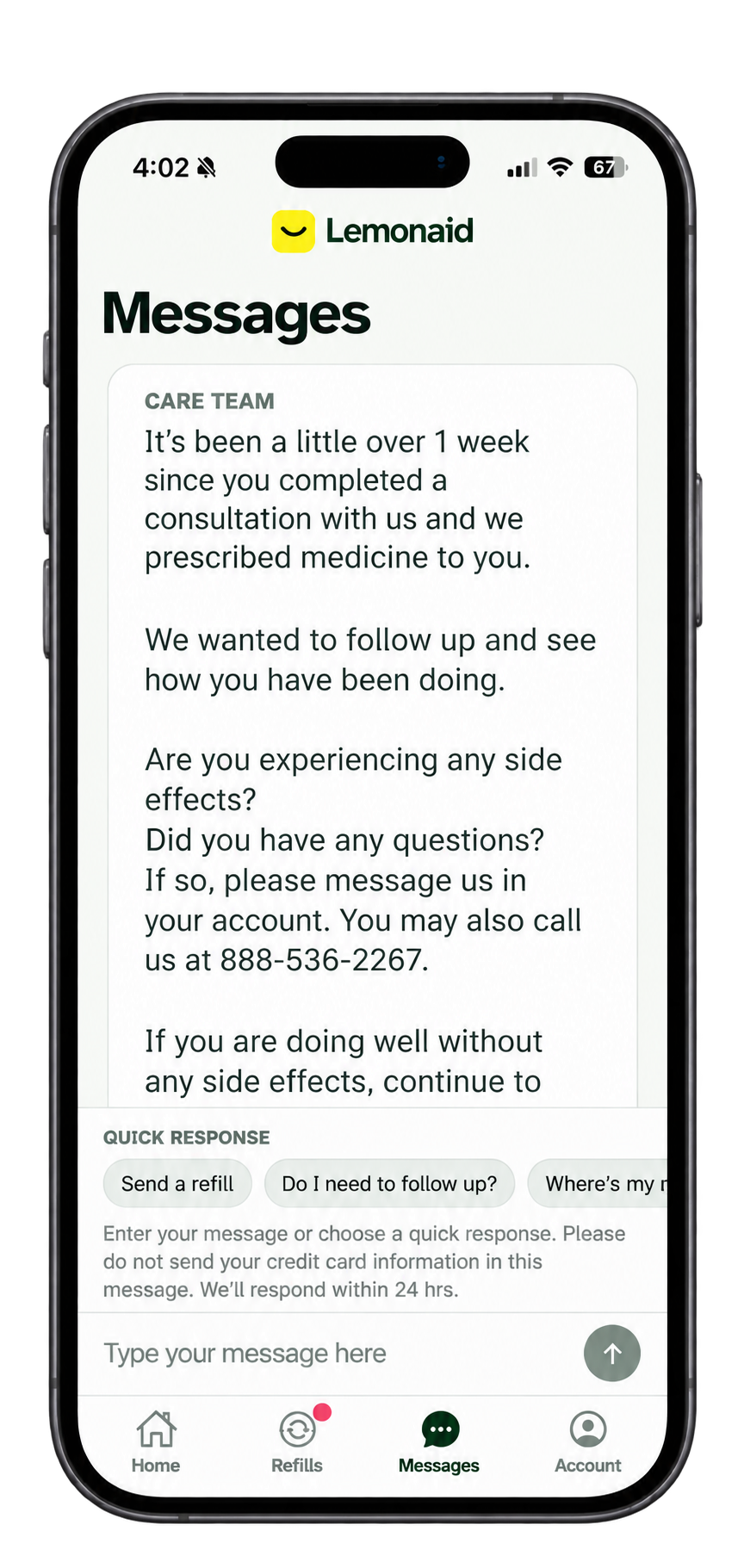 Messaging screen in the Lemonaid app