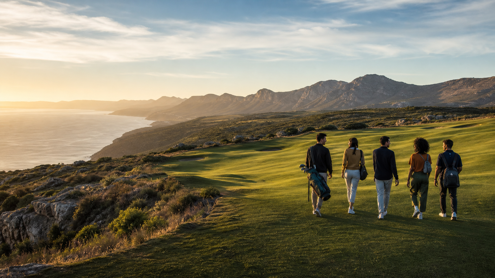 A diverse group of emerging leaders walking across a coastal golf course at golden hour