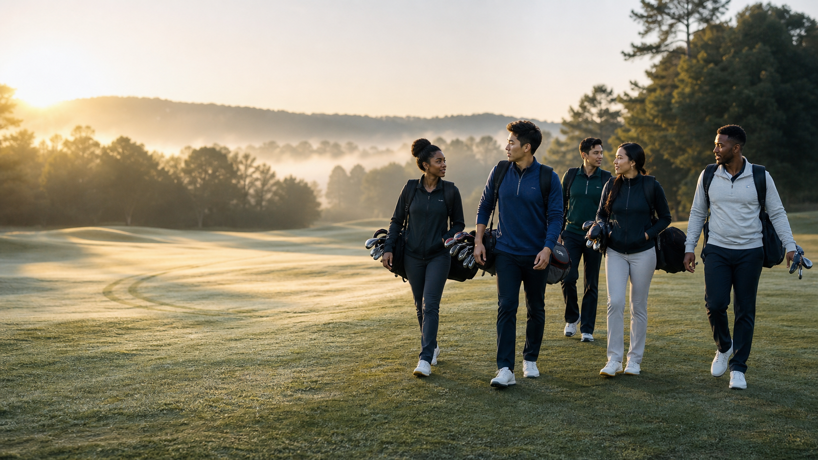 A diverse group of emerging leaders walking together across a golf course at sunrise