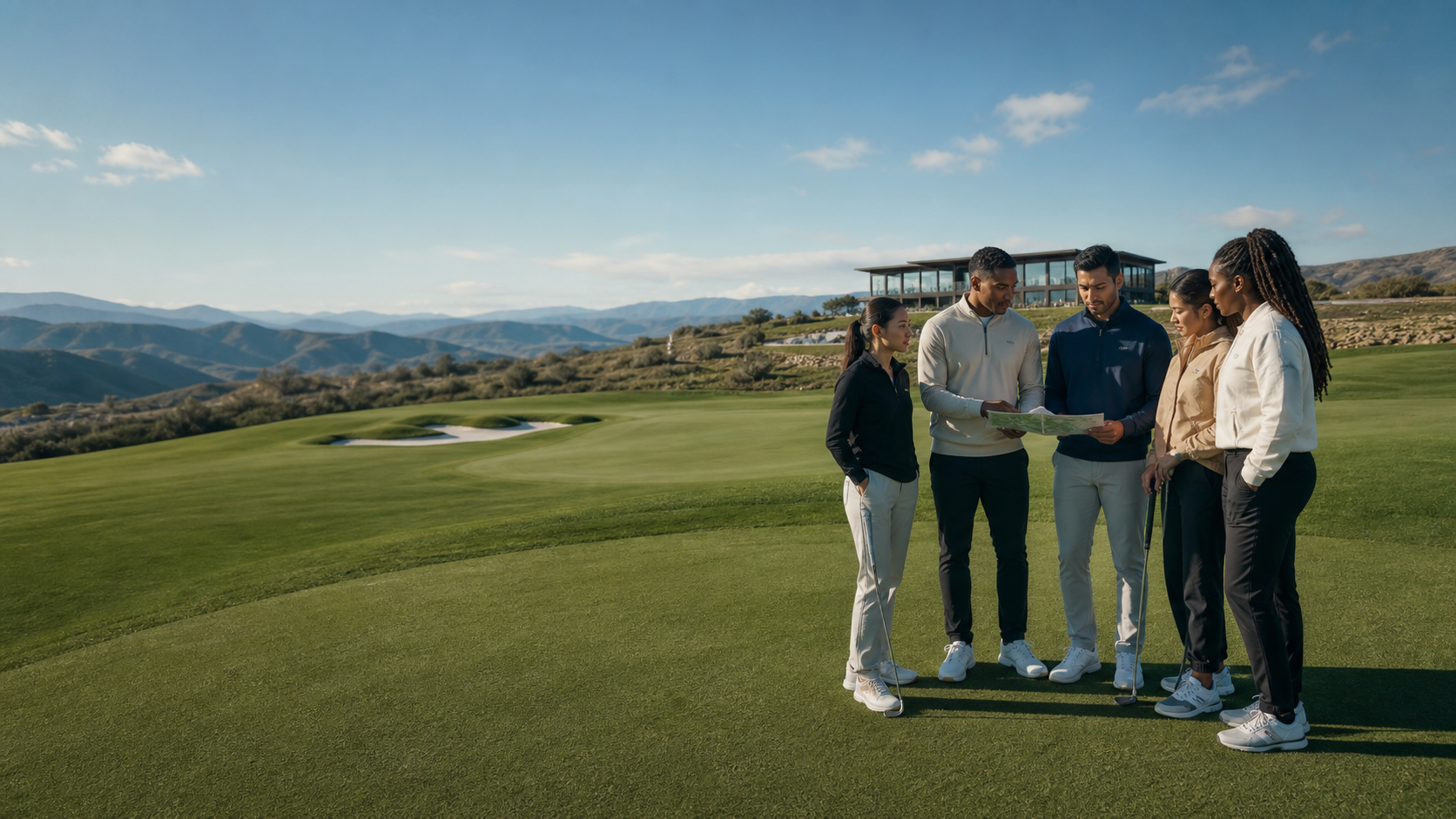 A diverse leadership team reviewing course strategy together on an expansive golf green