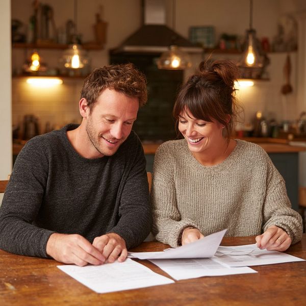 Couple reviewing a same-day loan offer together at a kitchen table