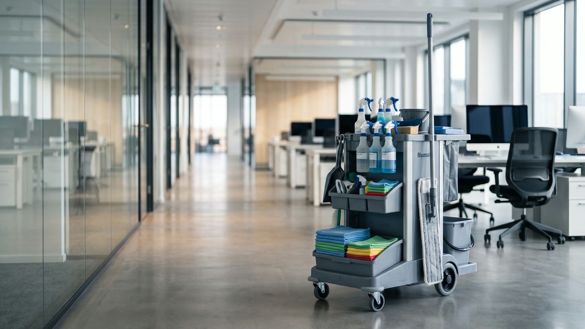 Professioneller Reinigungswagen mit Mikrofasertüchern und Sprühflaschen in einem hellen Büroflur am Morgen