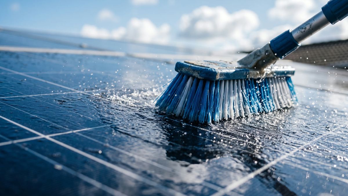 Rotierende Waschbürste reinigt ein nasses Photovoltaik-Modul, Wassertropfen glitzern in der Sonne