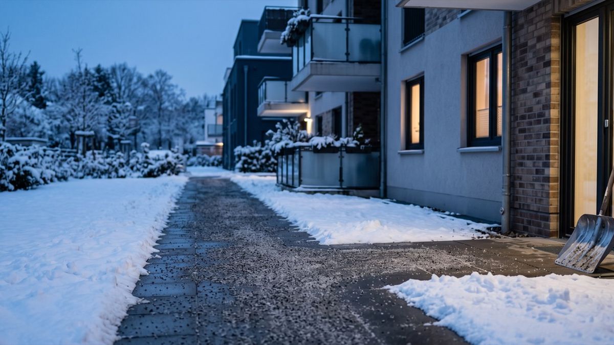 Frisch geräumter und gestreuter Gehweg an einem Wohnhaus in der Morgendämmerung