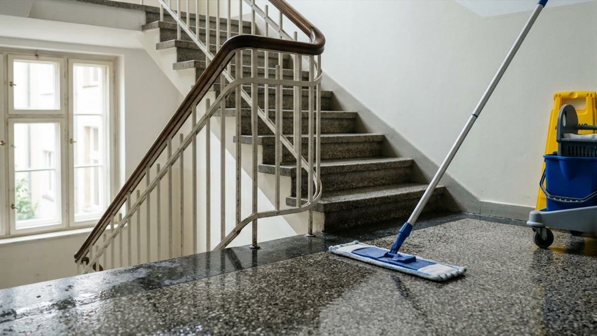Frisch gewischtes Treppenhaus mit Terrazzoboden, Wischmopp und Reinigungswagen