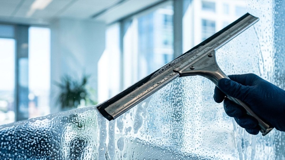 Abzieher zieht eine klare, streifenfreie Bahn über eine eingeseifte Fensterscheibe