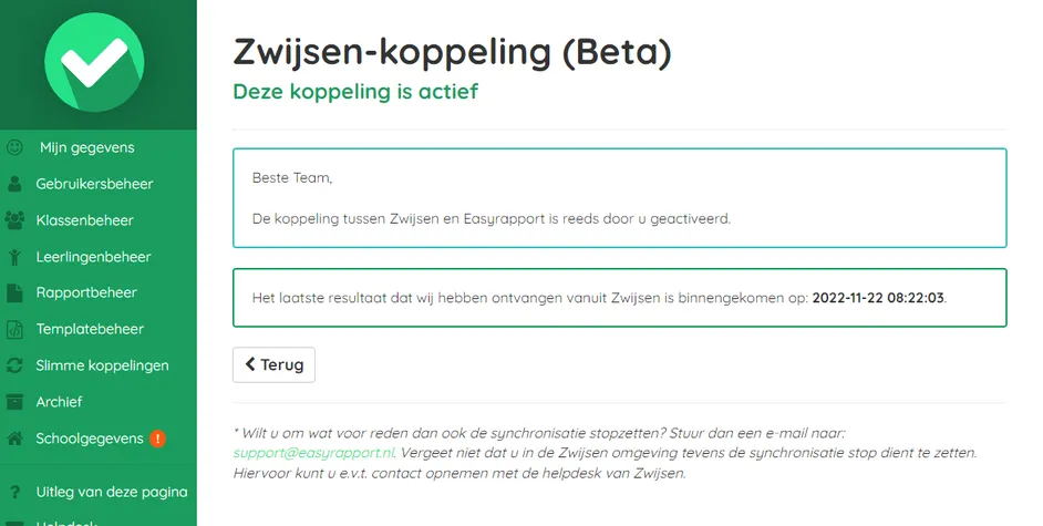Screenshot van de Zwijsen-koppeling activatie in Easyrapport