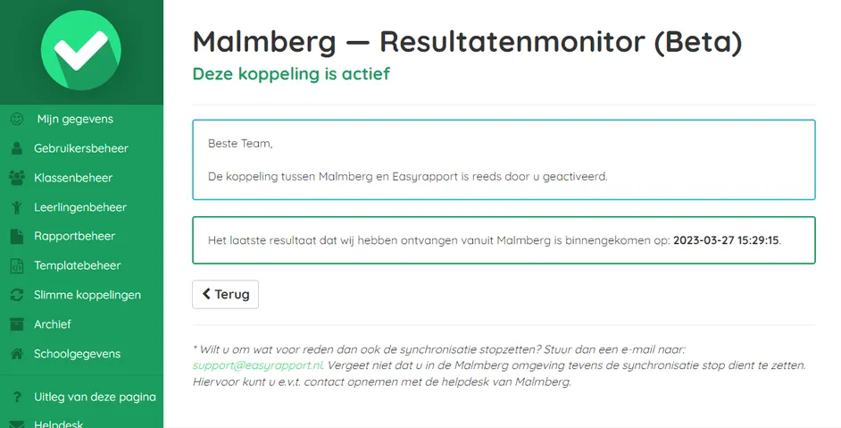 Screenshot van de Malmberg-koppeling activatie in Easyrapport