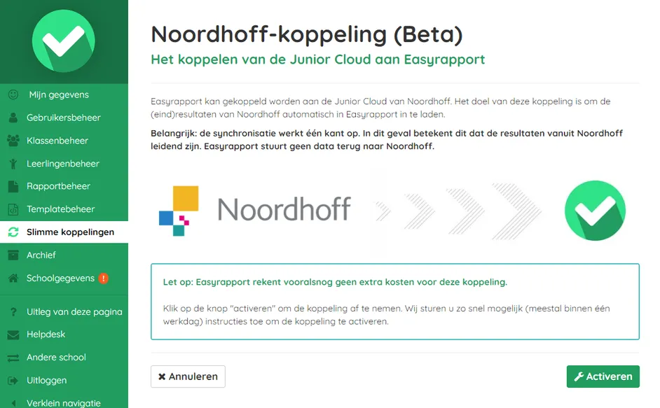 Screenshot van de Noordhoff-koppeling in Easyrapport