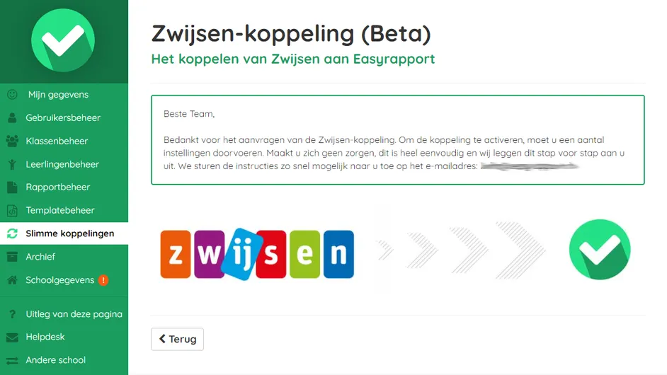 Screenshot van de activatieknop voor Zwijsen-koppeling in Easyrapport