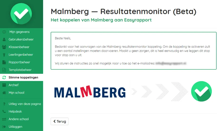 Screenshot van de activatieknop voor Malmberg Resultatenmonitor in Easyrapport